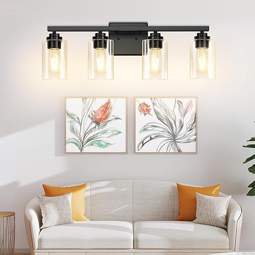 Miniatura 9 de Lámparas de baño de 4 luces, luces modernas de tocador de 27 pulgadas sobre espejo con pantallas de vidrio transparente, accesorio de luz negro