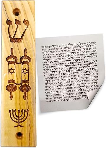 Mezuzá de madera de olivo con pergamino, shema, rollo de torá y menorá, hecha en Israel, decoración religiosa del hogar para puerta y pared, incluye