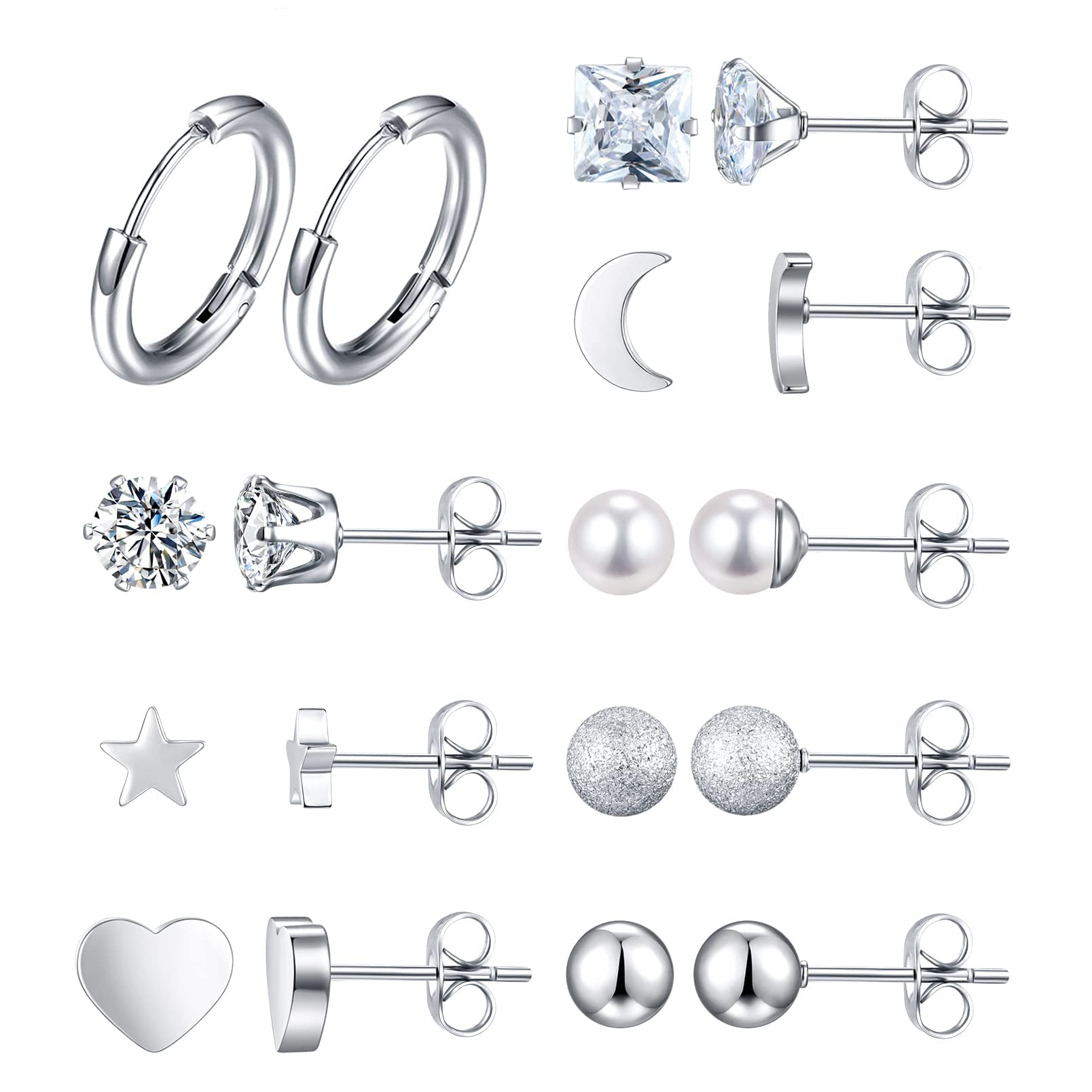 samsen Stainless Steel Earrings Set with Hoop Earrings and Matte Surface Ball, Heart, Star, Pearl,Moon,Smooth Ball,Round CZ, Square CZ Stud Earrings for Women