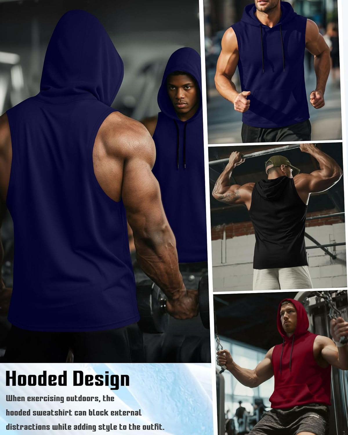 3 Pack Men's Hooded Tank Tops, Workout Sleeveless Gym Hoodie Muscle Bodybuilding Running Cut Off Shirts - Image 2