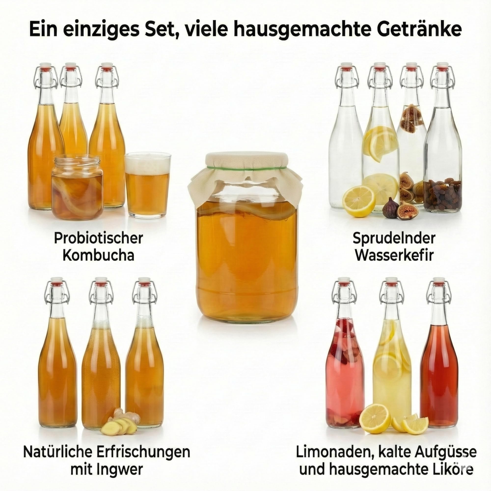 myFERMENTS - Kefir & Kombucha Starter Set | 4,25L Glasgefäß | 6 x 750ml Bügelflaschen | 10cm Trichter & Mulltuch | Fermentationsglas, Farblos, Glas