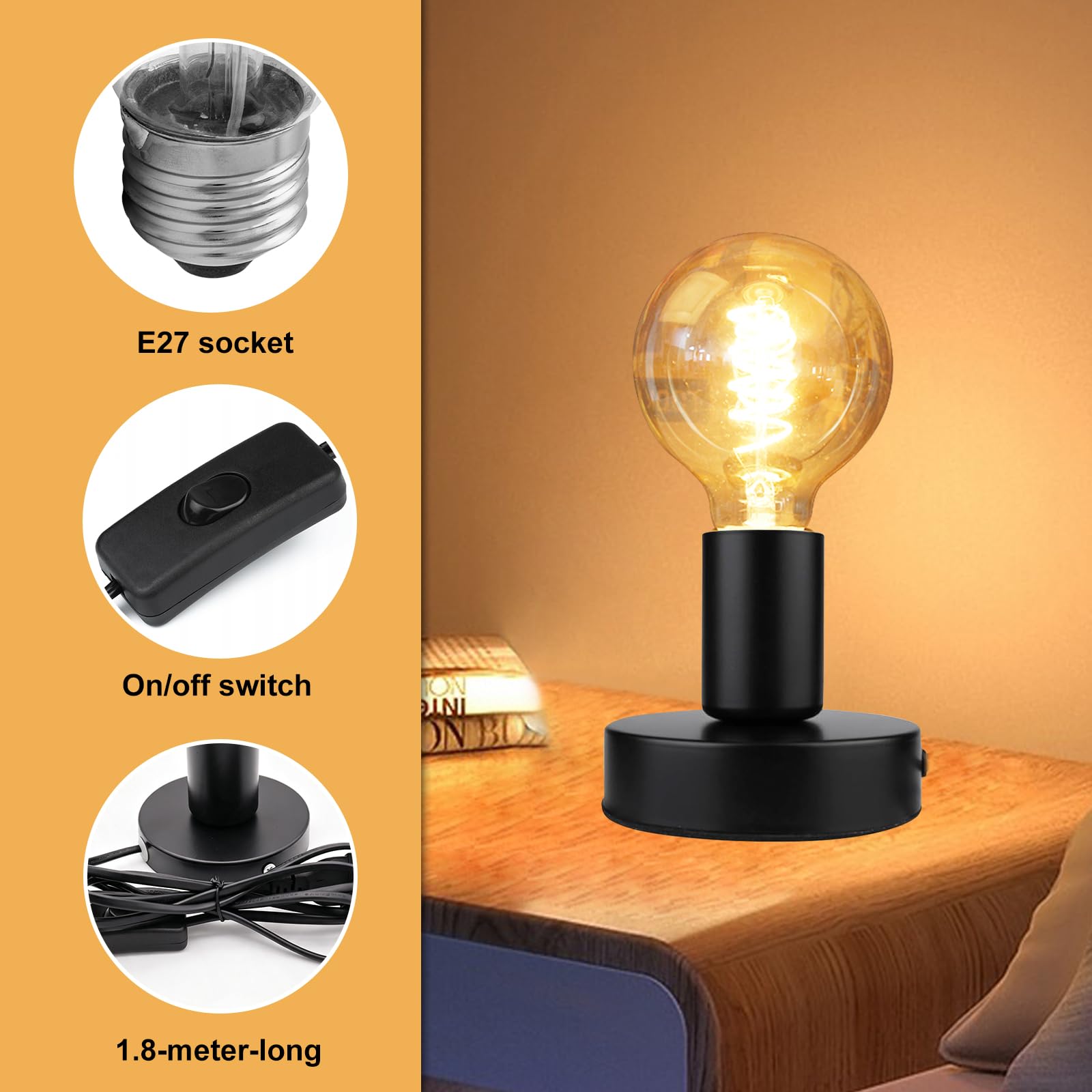Oprawa lampy E27, 4 sztuki z kablem sieciowym 1,8 m i przełącznikiem kablowym, nadaje się do lamp stołowych DIY, lamp wiszących, oświetlenia w salonie, sypialni, biurze, kawiarni i barze