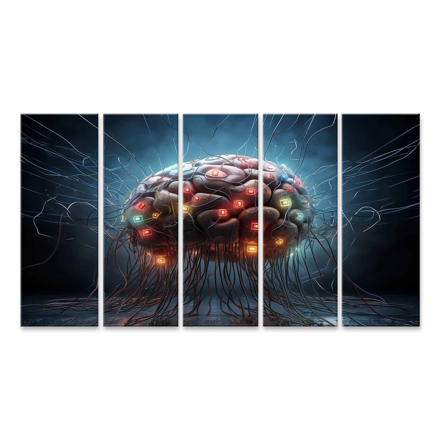 islandburner Primer cuadro sobre lienzo Cerebro humano con muchos cables conectados - IA, redes, aprendizaje automático, biotecnología imágenes murales carteles
