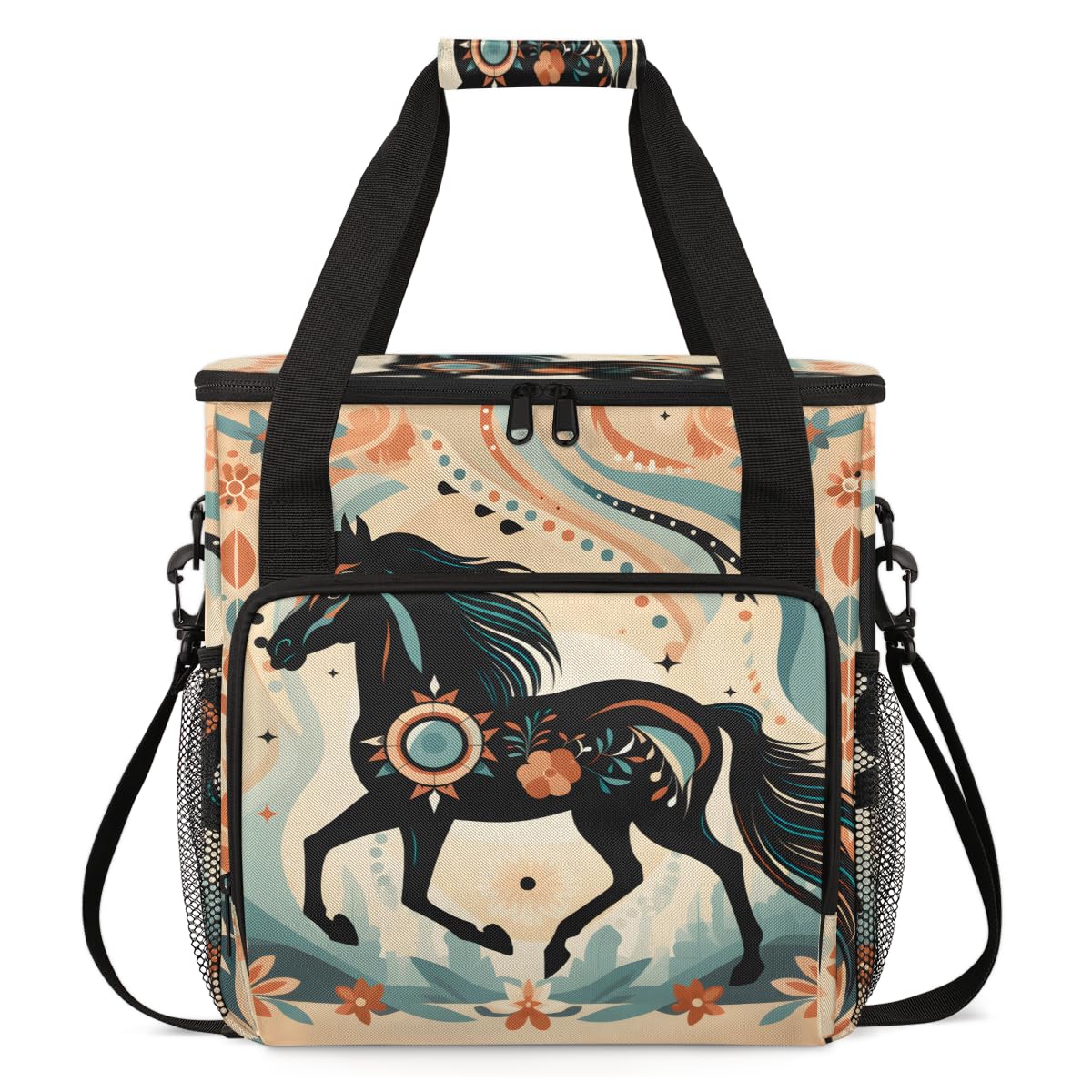 Abstract Horse Coffee Maker Carrying Bag, Boho Horse Travel Storage Bag Compatible with K-Mini or K-Mini Plus, Single Serve Coffee Brewer Carrying Case with Multiple Pockets & Shoulder Strap