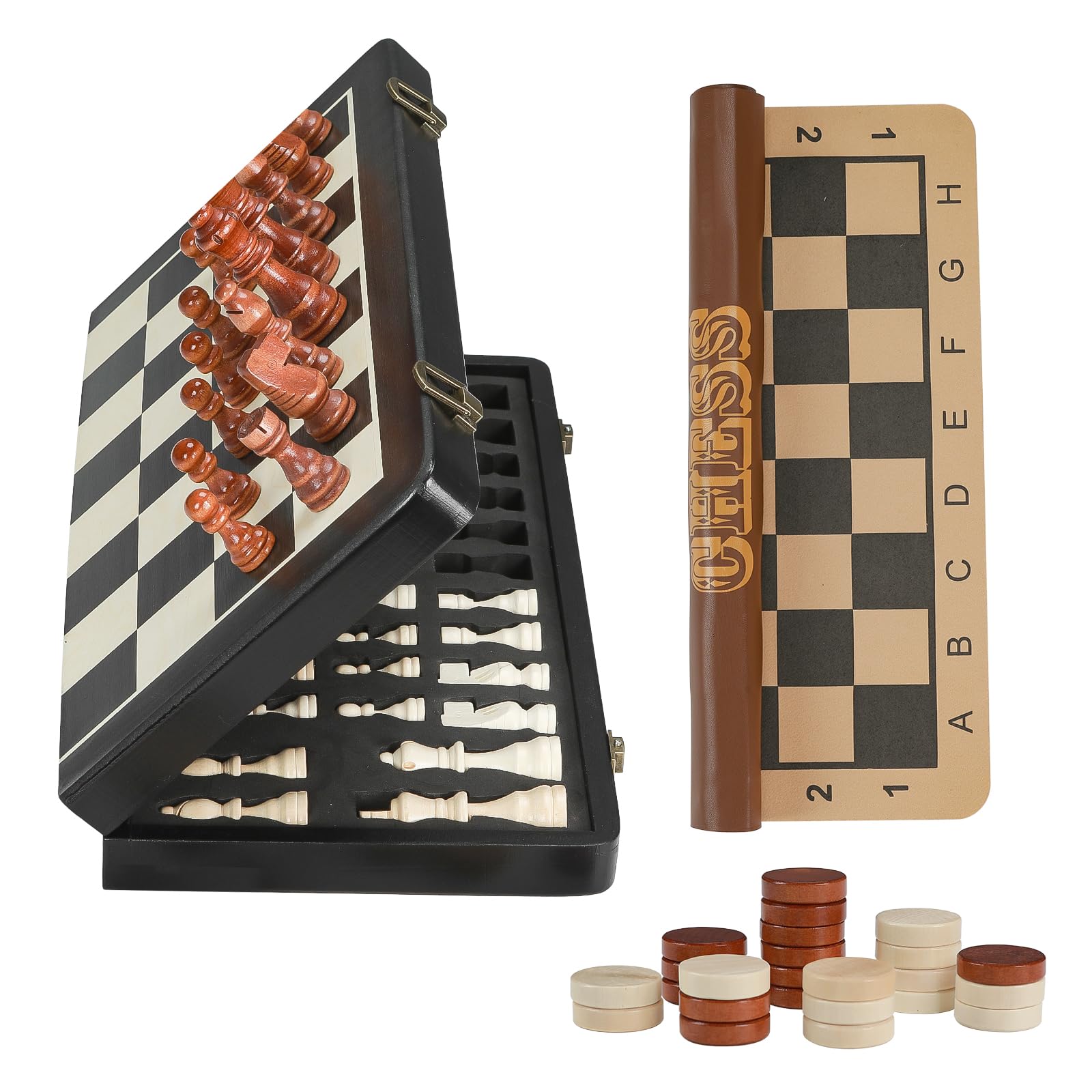 16" Wooden Chess Set,2 in 1 Folding Magnetic Chess Checkers Set with Portable Travel Roll up Chess Board Games for Adults Kids Gift