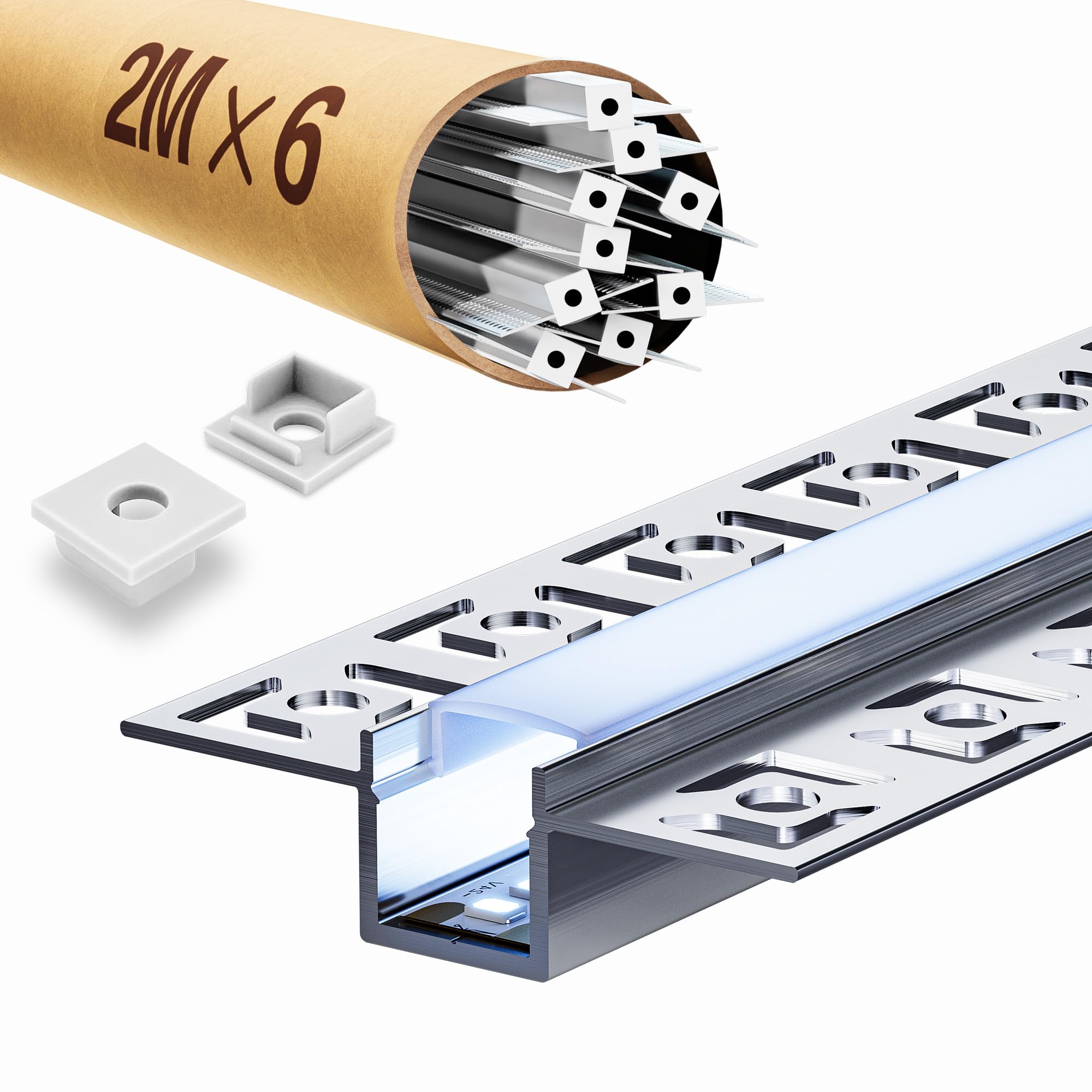 6 x profil LED do suchej zabudowy 2 m, szyna LED 2 m, profil aluminiowy, szyna podtynkowa i dyfuzor natynkowy do oświetlenia pośredniego sufitu