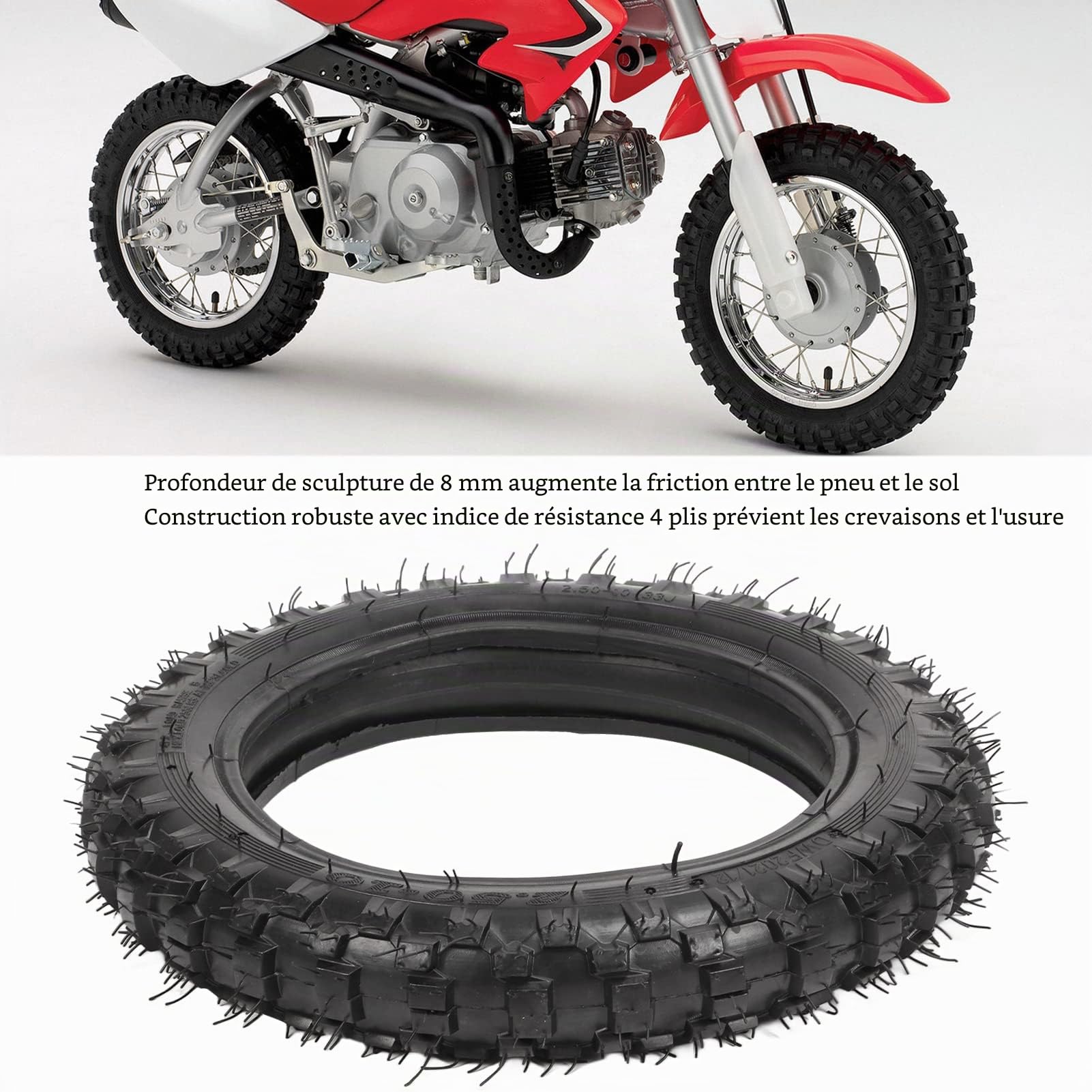 Pneu Tout-Terrain 2,5-10" et Chambre à Air avec Jante 10" pour Mini Dirt Pit Bike 50 70 90 - 2,5/2,75-10 Dirt Bike