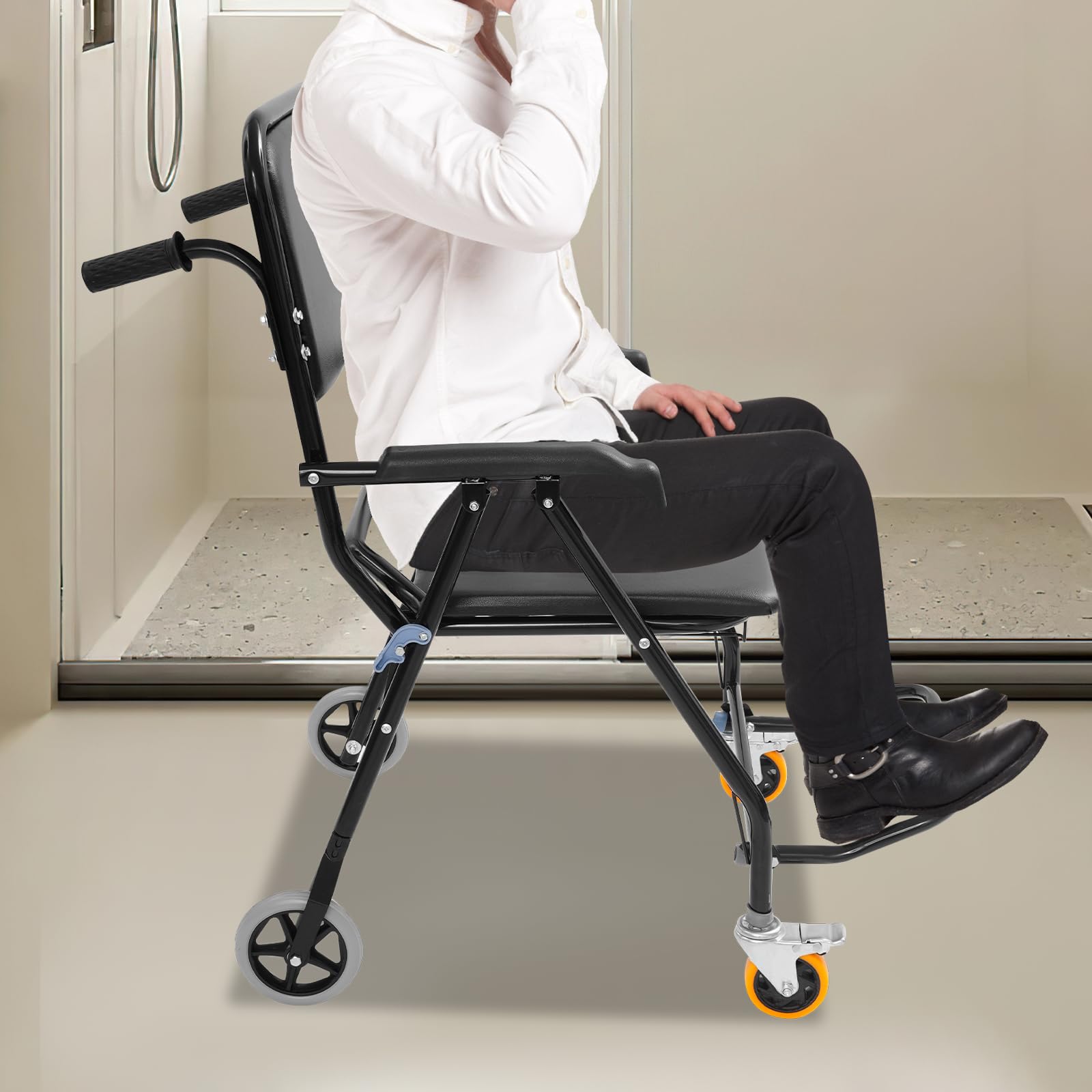 Silla de ducha plegable de acero negro con cubo y ruedas para personas mayores, cuidado en casa