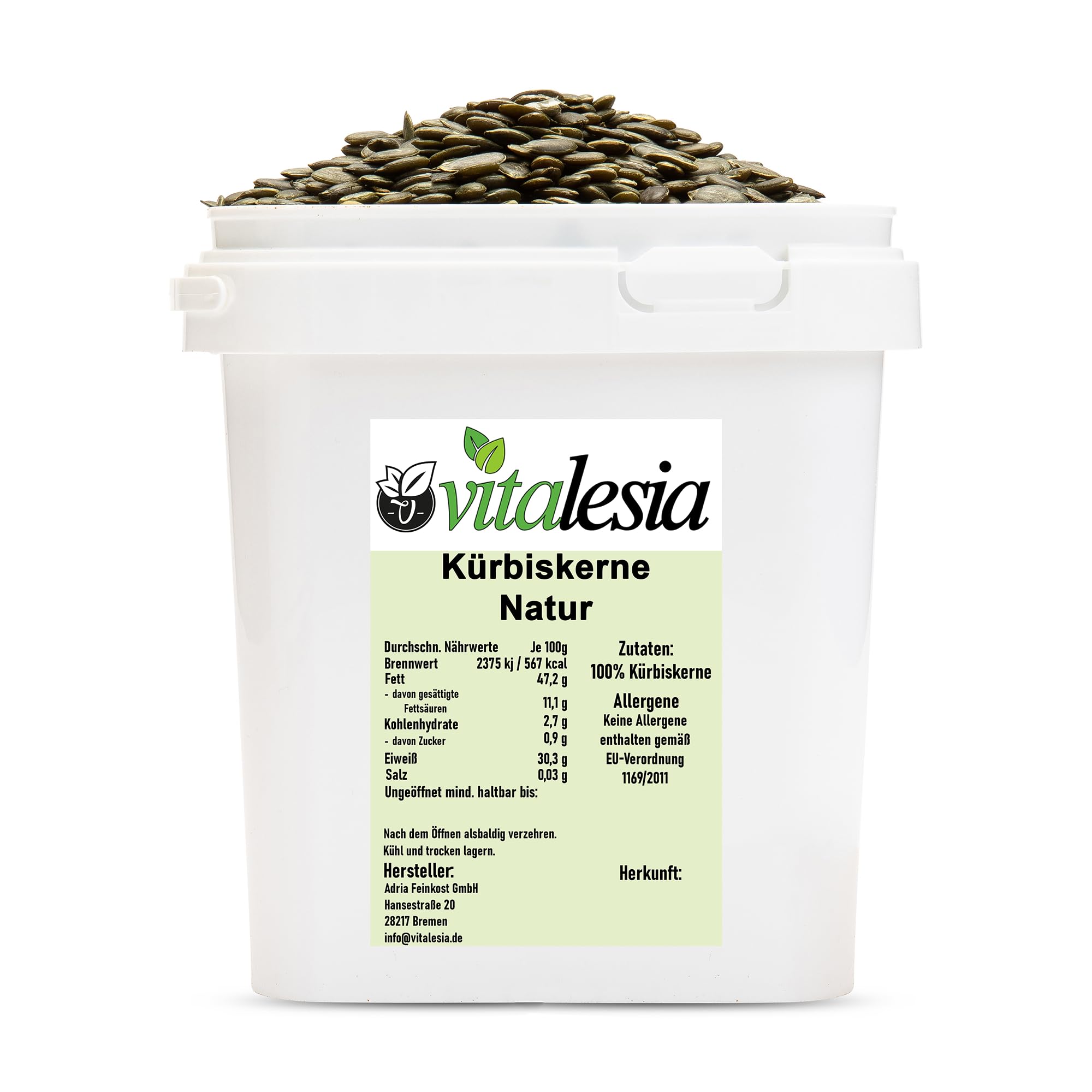 Vitalesia Kürbiskerne im Eimer 1,5kg | naturbelassen & ohne Schale | ganze Kürbis Kerne ungeröstet & ungesalzen | Premium-Kerne der Qualitätsstufe AA | ohne Zusätze | vegan
