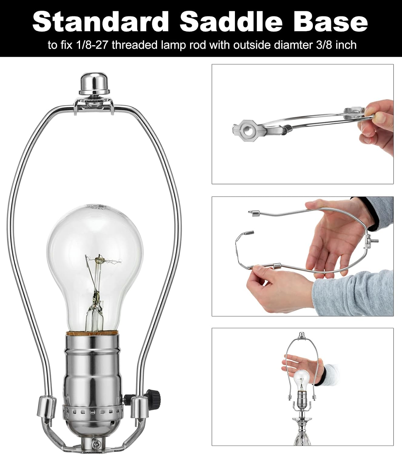 Lamp Harp 8 Inch, 2 Set [Heavy Duty] Lamp Harp Holder with Lamps Finial Caps and 3/8 Standard Saddle + E26 Light Base for Table and Floor Lamps (Silver)