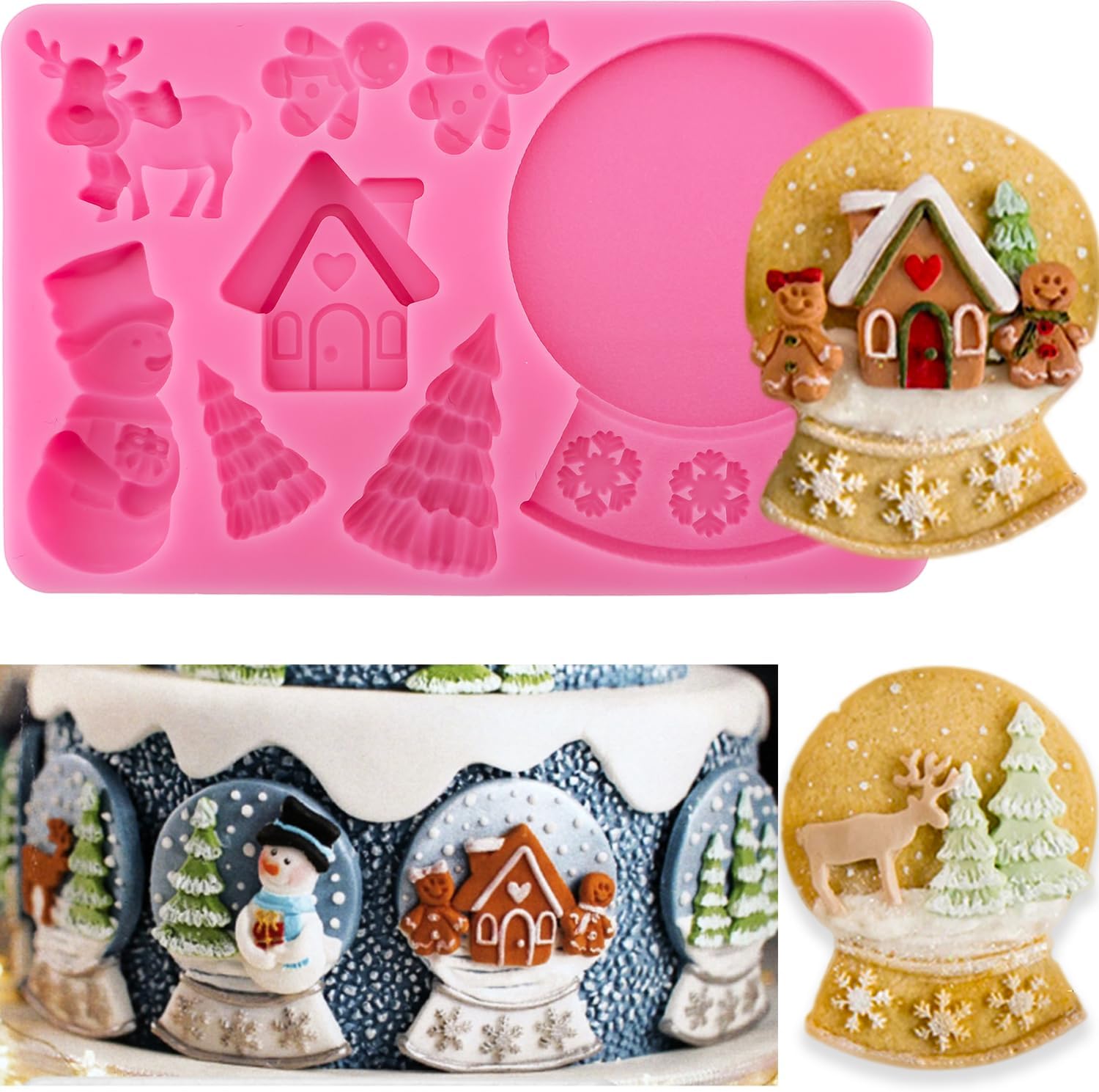 3D Christmas Silicone Molds Christmas Tree Crystal Ball Gingerbread House Fondant Cake Decorating Silicone Baking Molds For Xmas Party Holiday Chocolate Candy Cookie Molds Sugarcraft Cupcake Topper