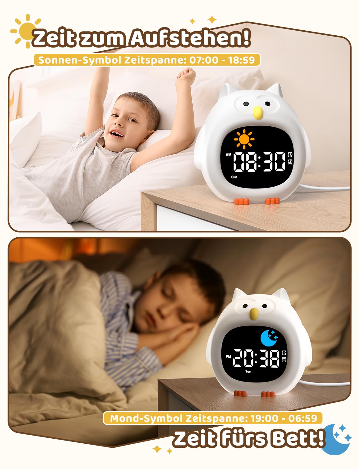 Yissvic wecker Kinder für Schulanfänger Jungen Kinderwecker mit RGB Nachtlicht Lernwecker 2 Alarme Wochenend-Modus Snooze 10 White Noise Eule Stil