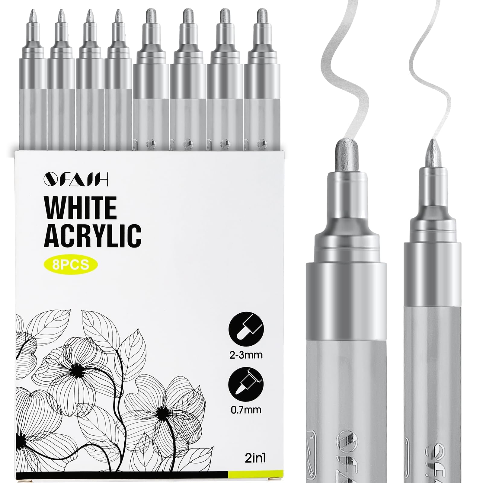 SFAIH Acrylic Silver Paint Pens - 8 Pack 2-3MM Medium Tip & 0.7MM Extra Fine White Paint Marker for Rock Painting, Wood, Metal, Fabric, Canvas, Glass, Ceramic, Diy Crafts