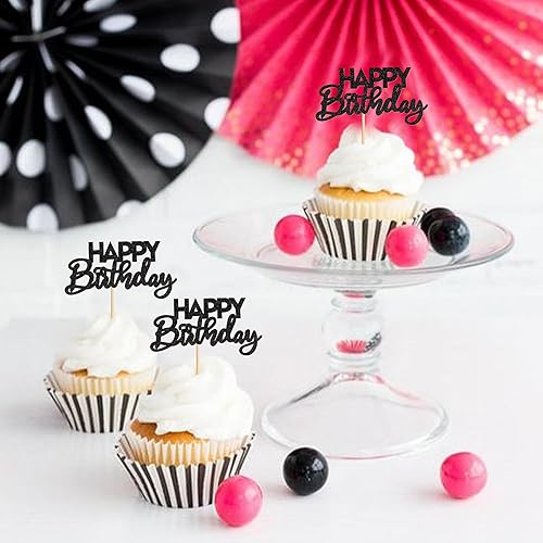 Miniatura 5 de Ercadio Paquete de 24 adornos para cupcakes con purpurina negra montada para cupcakes de cumpleaños, para baby shower, niños, fiesta de cumpleaños,