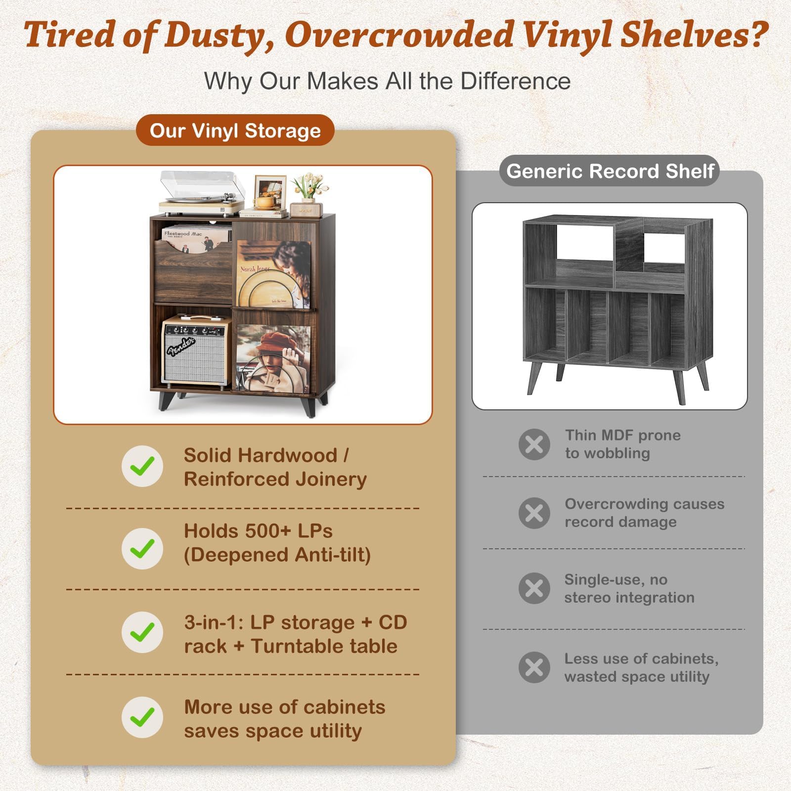 Bikoney Schallplatten Aufbewahrung mit Vinyl Display und 2 Schubladen – Holz Schallplattenständer Tisch und TV Schrank für Alle Plattenspieler und Lautsprecher, Plattenspieler Regal für Wohnzimmer