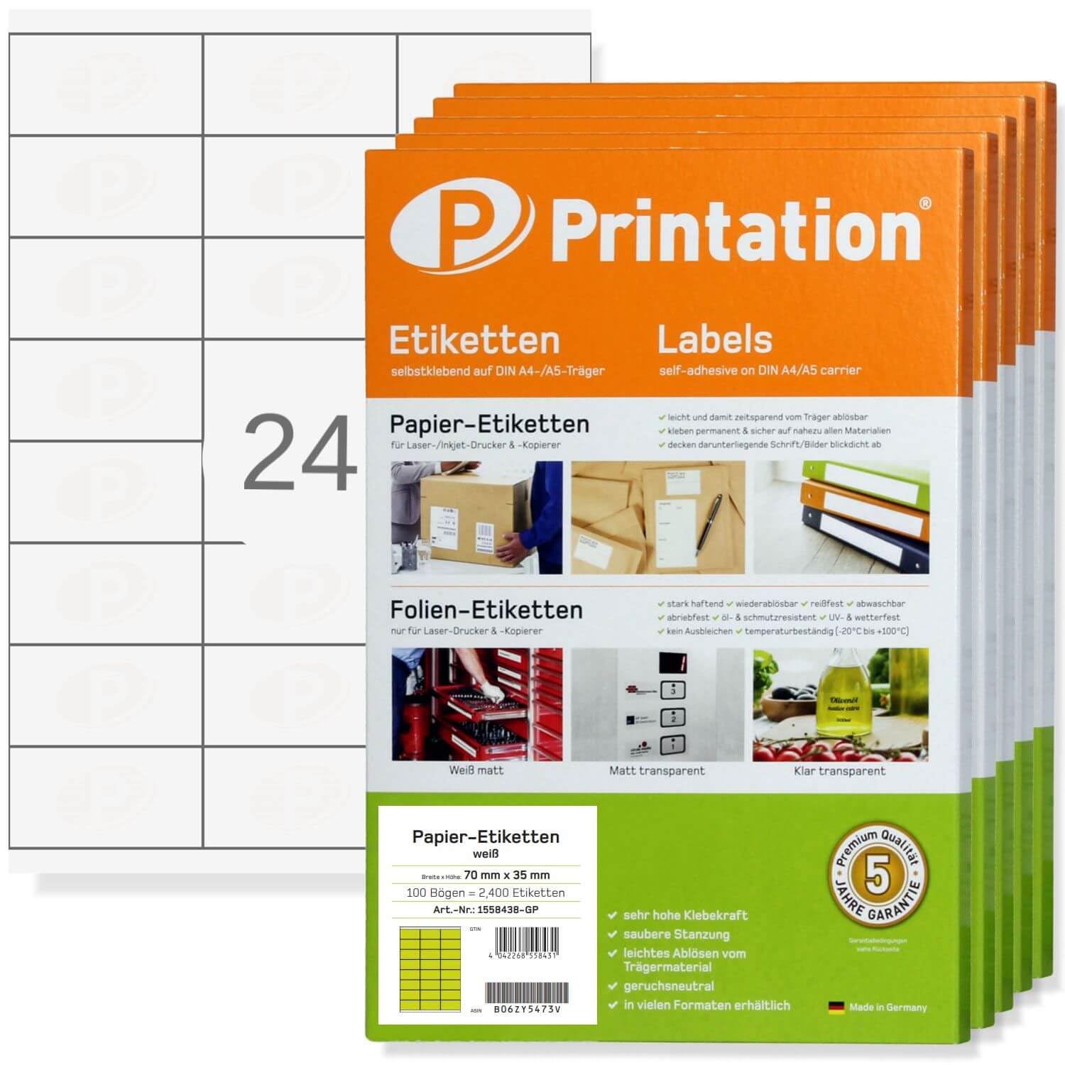 Printation Etiketten 70 x 35 mm - 12000 Adressetiketten selbstklebend bedruckbar weiß 70x35-500 DIN A4 Bogen BigPack zu 3x8 / 24 Klebeetiketten/Adressaufkleber pro Blatt - Internetmarke 4429 3422