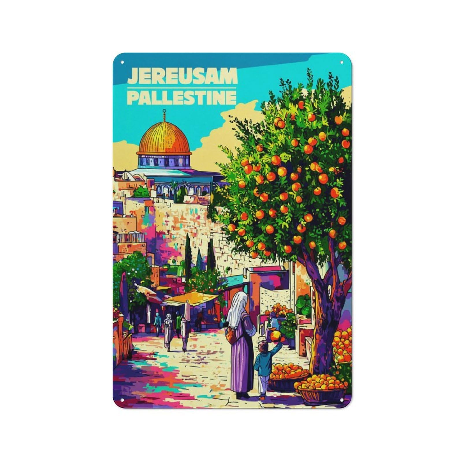 Junmoney Jerusalem's Vibrant Orange Market Scene Printed Metal Sign 30X20cm For Hobby Room Or Studio, Gift Idea At Christmas For Creative Interior Collectors