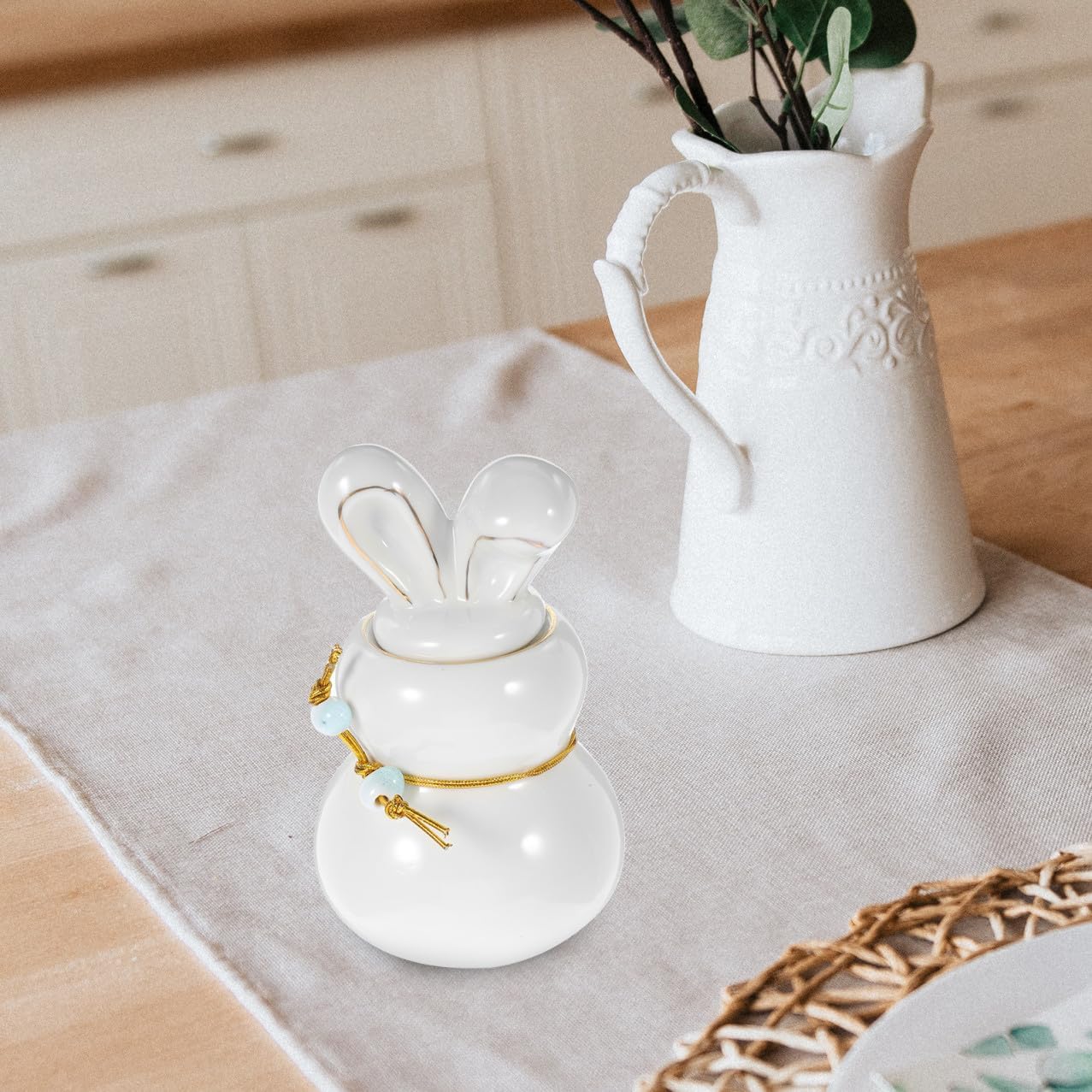 PRETYZOOM Ceramic Easter Bunny Cookie Jar with Lid, Rabbit Candy Dish Loose Leaf Tea Canister Decorative Storage Containers for Ester Party Table Centerpiece White