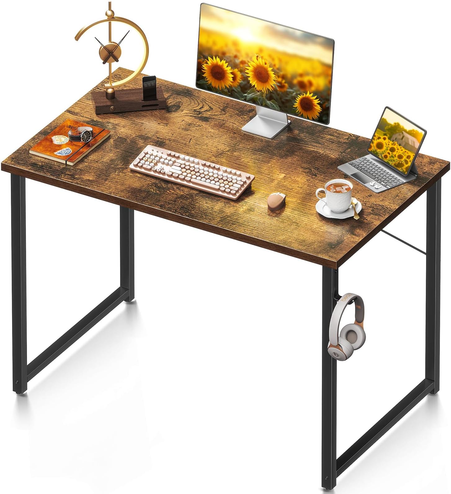 ODK 40" Computer Desk for Home Office, Office Table for Small Spaces, Writing Desk with Headphone Hooks, Pure Vintage