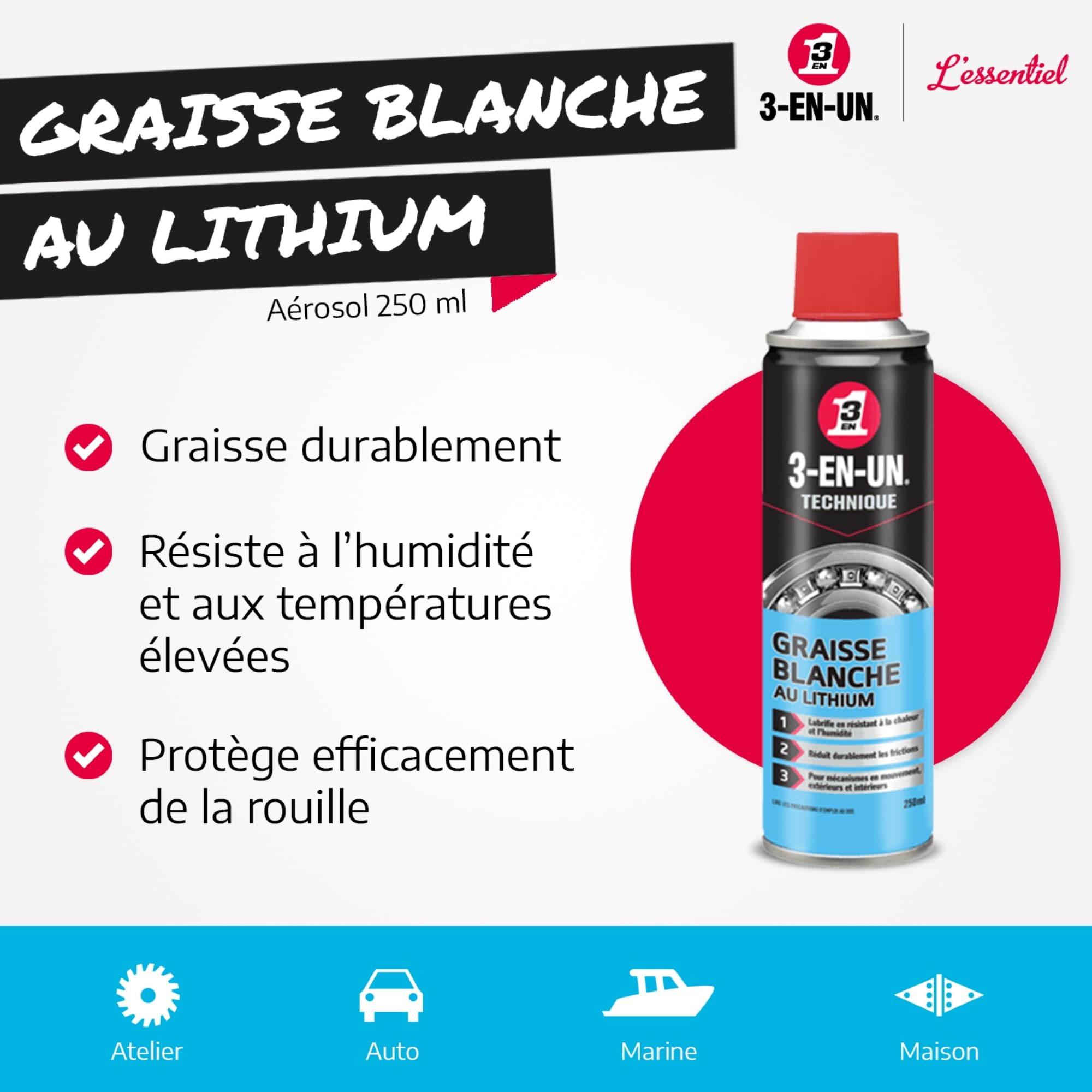 3-EN-UN Graisse Blanche au Lithium Technique 250 ml, Bleu, Paquet de 12