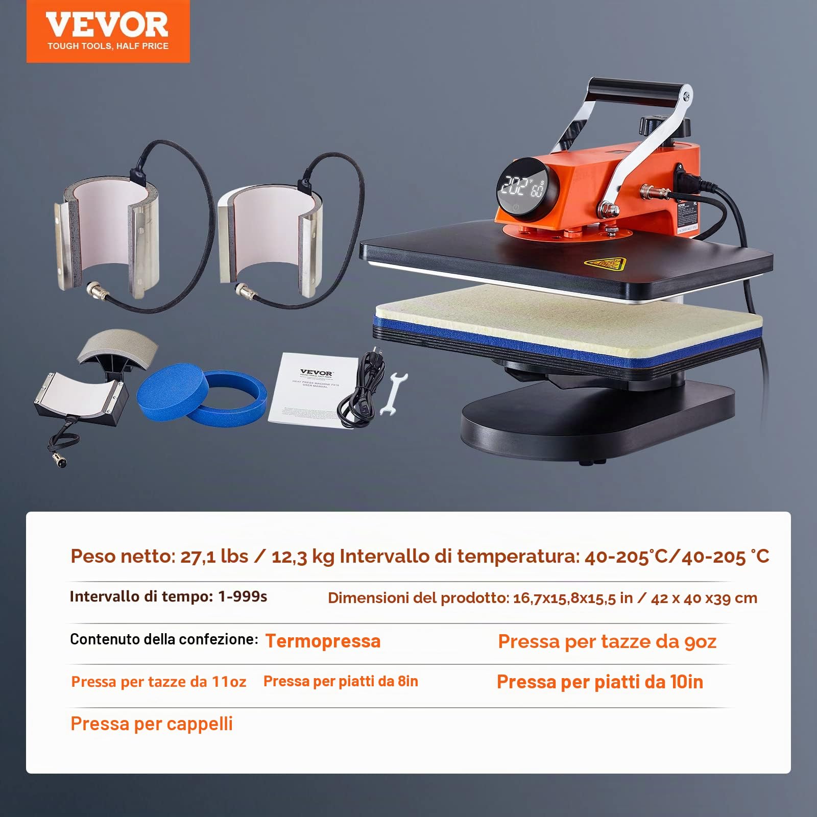 VEVOR Pressa di Calore Oscillante Multifunzione 42 x 40 x 39 cm Macchina per Sublimazione 6 in 1 Pressa di Calore con Testata a 360° per Magliette/Cappelli/Tazze/Progetti di Trasferimento di Calore