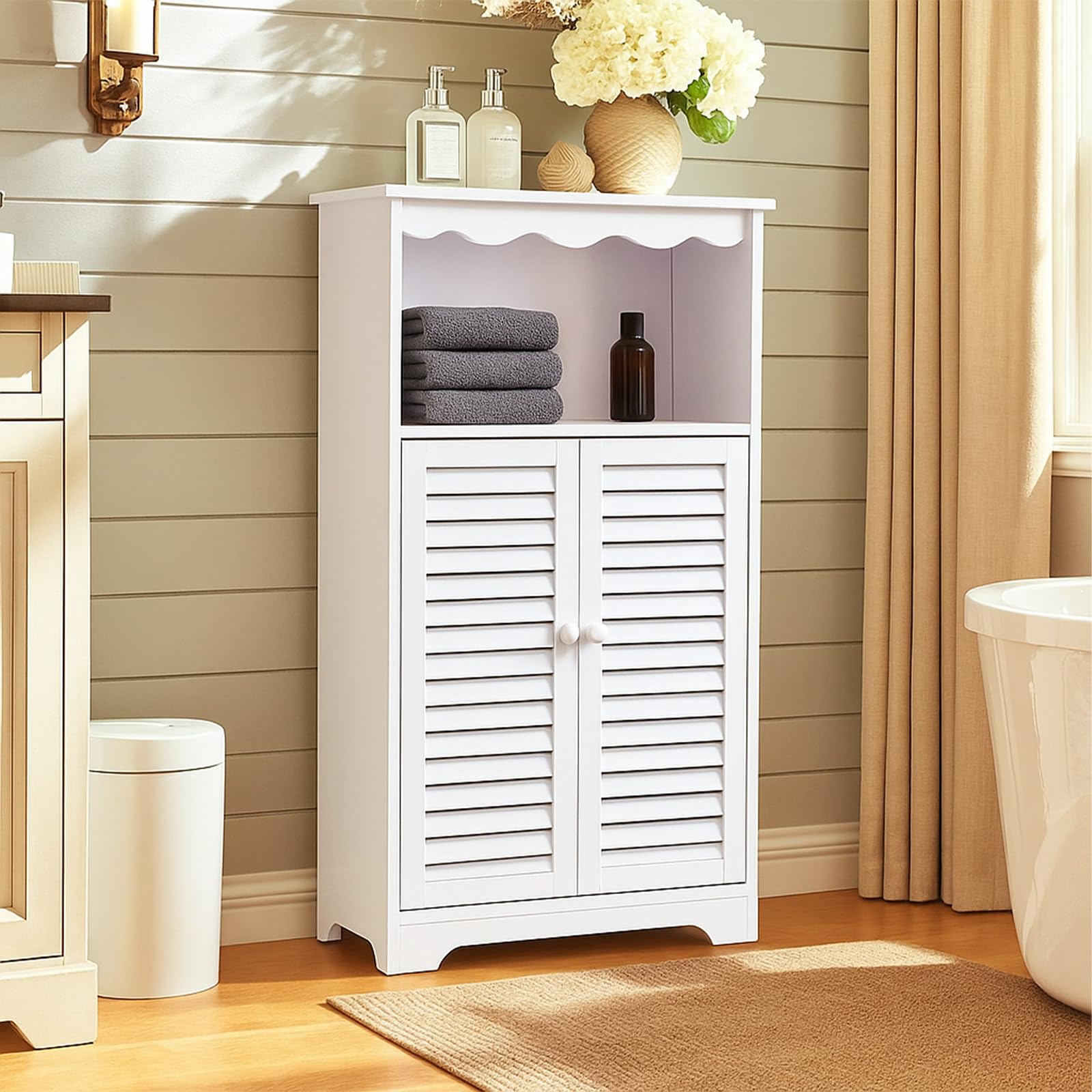 powerking 3-Tier Bathroom Storage Cabinet，White Freestanding Organizer with Doors and Shelves, Waterproof Storage Floor Cabinet for Bathroom,Toilet,Office,Living Room,Kitchen