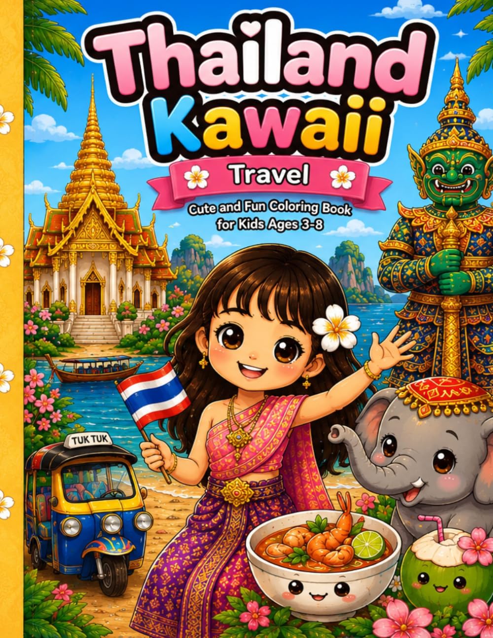 Thailand Kawaii Travel Coloring Book for Kids: Cute Thai Temples, Elephants, Tropical Islands, Food, Lanterns, Beaches and Fun Easy Coloring Pages for Ages 3-8 (kawaii travel Adventures)