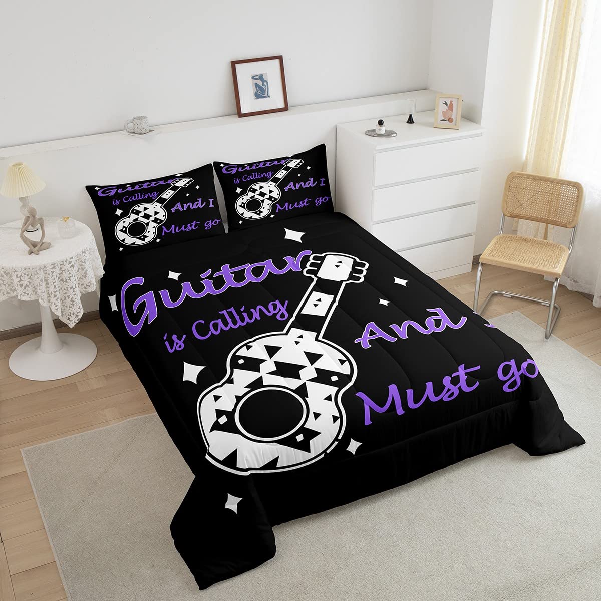 Zestaw kołdry do gitary dla dzieci muzyka rockowa zestaw kołdry dla chłopców dziewcząt kobiet mężczyzn instrumenty muzyczne zestaw pościeli oddychający czarno-biały zestaw kołdry king size