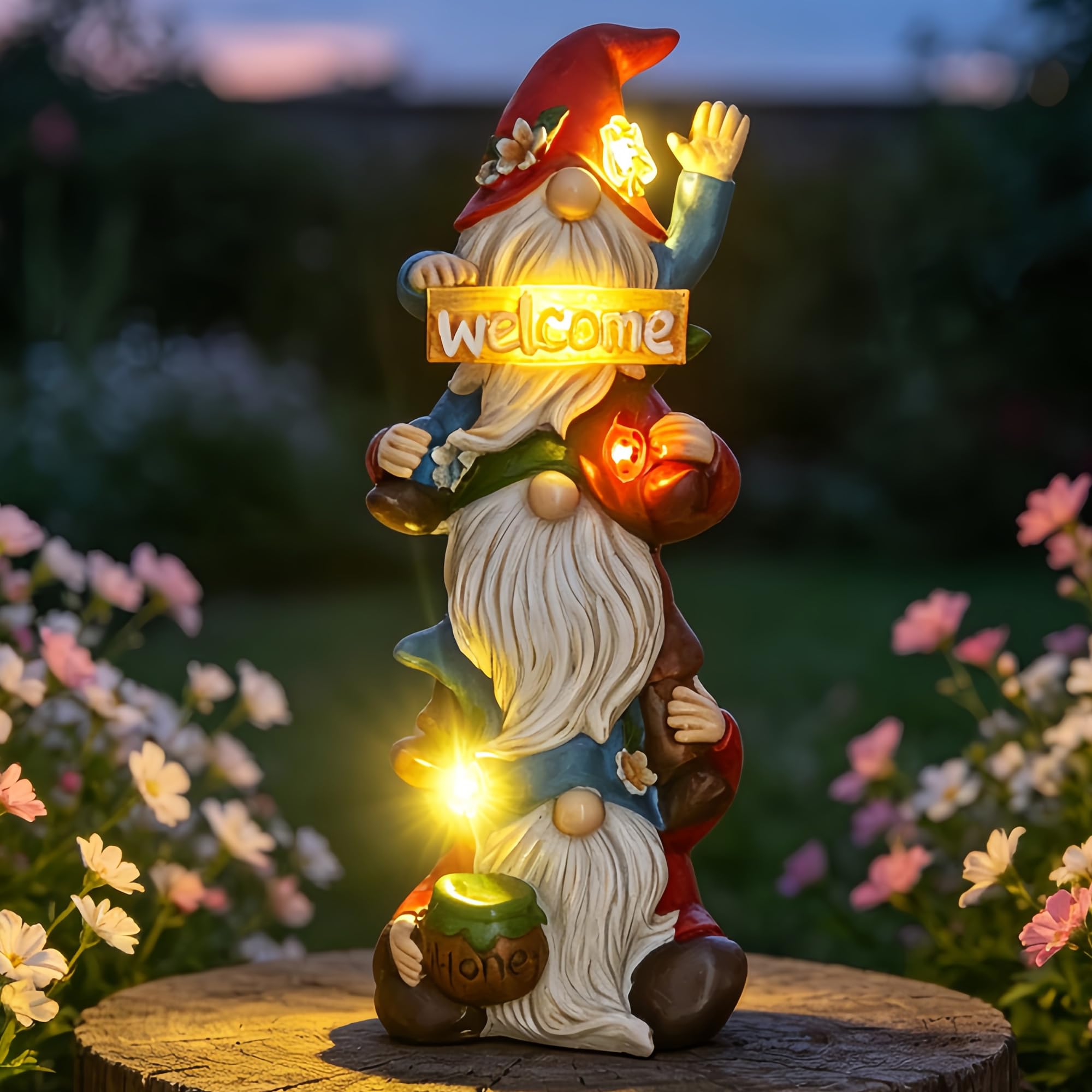 lifemet Garden Gnomes Ornaments Outdoor - Lovely Solar Powered Waterproof Resin Gonk Statue with LED Lights - Fairy Garden Decor for Patio Lawn Yard for Mum Women