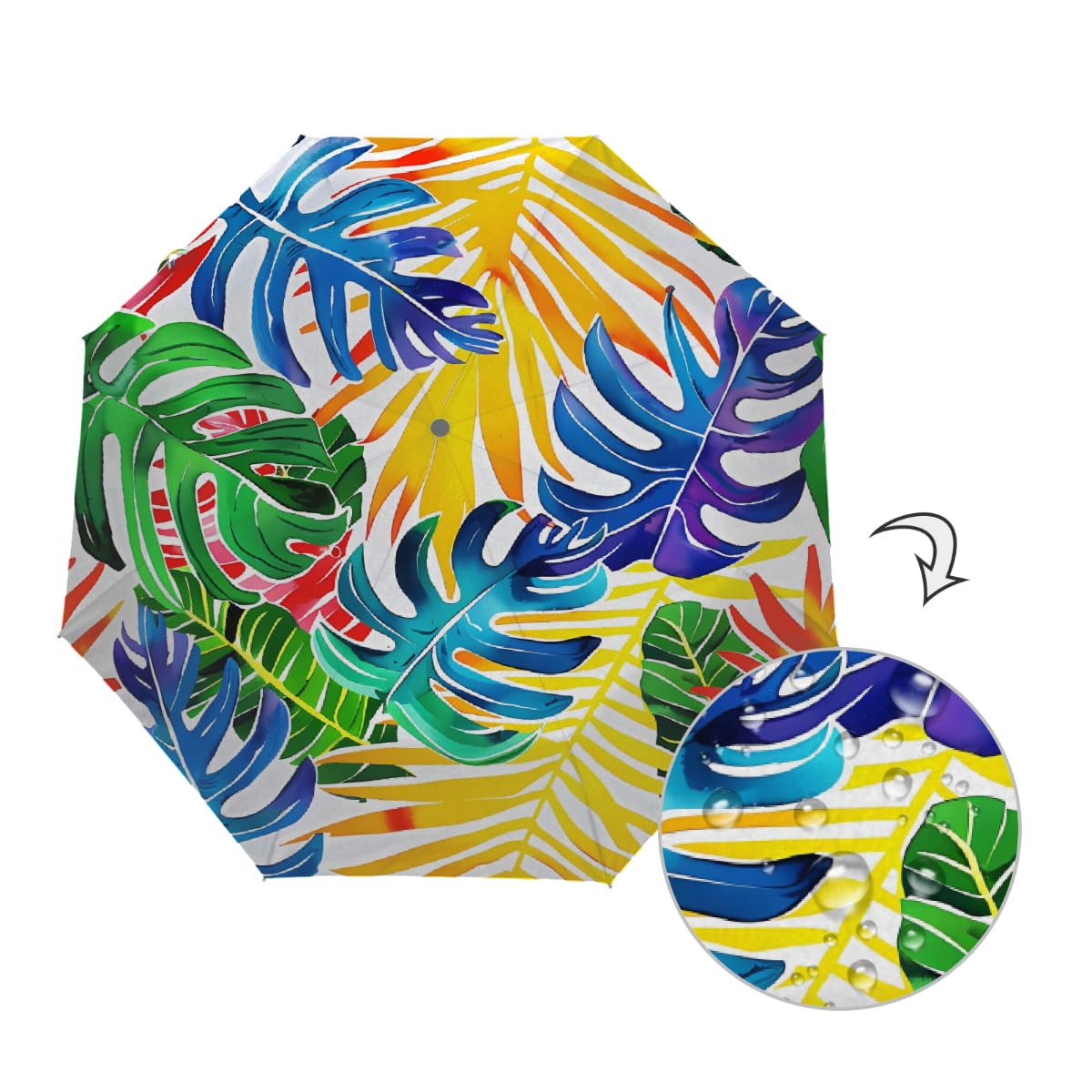 Ombrello pieghevole con foglie di palma tropicali colorate, ombrello da viaggio, compatto, antivento, impermeabile, con protezione UV, rivestimento nero, leggero, 8 costine, portatile, per