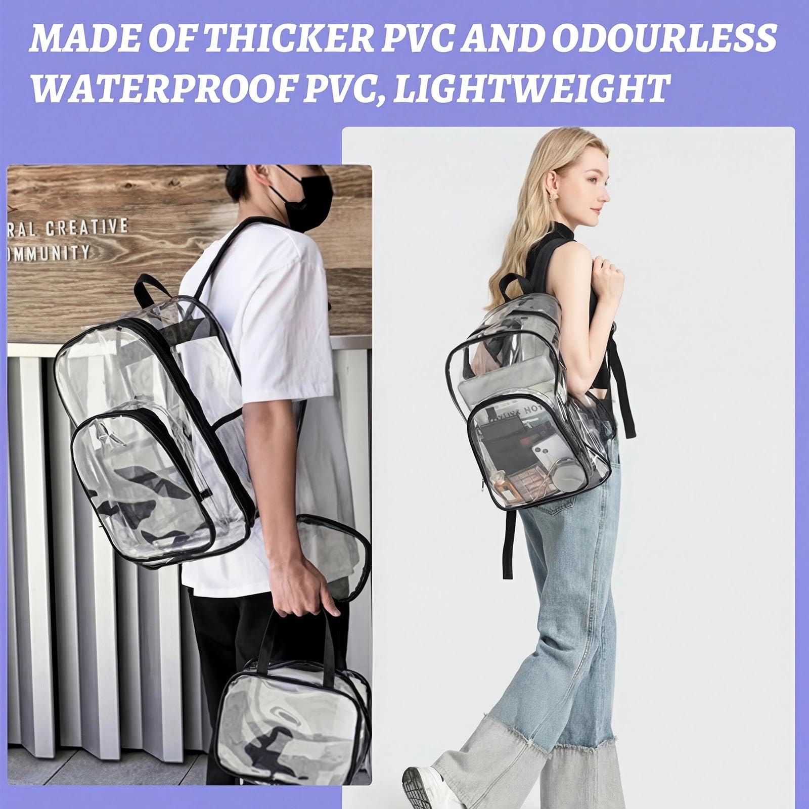 Zaino Trasparente Grande in PVC Impermeabile Plastica Scuola Borsa Robusto Durevole Casual Bag Zainetto Borsa Libro per Scuola Palestra Lavoro Viaggio Stadio Uomo Donna (Version A)