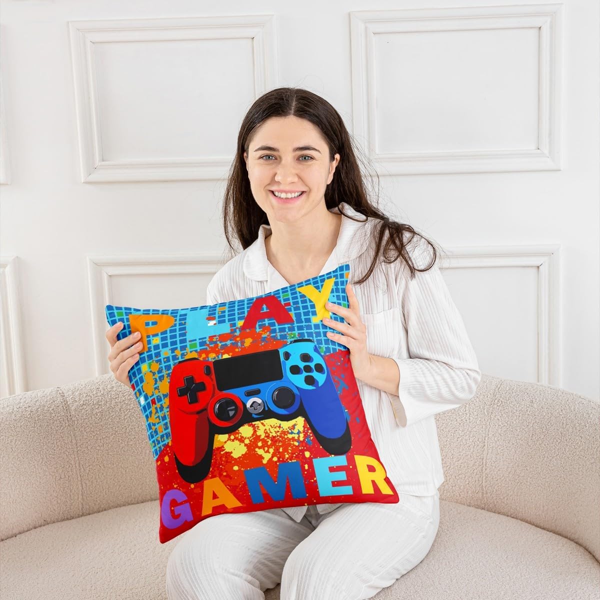 Manfei Gamepad Controller Kids Throw Pillow Cover,Video Game Console Gaming Gamer Double Sides Pillow Case,Geometric Plaid Tie-dye Red Blue Chic Bed Couch Sofa Cushion Cover,Single Pack 22"x22" image 5