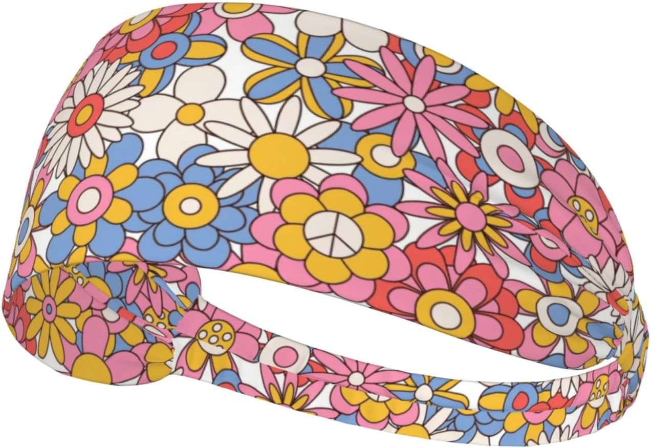 60s And 70s Retro Vintage Flowers Elastic Exercise Headband For Women&Men,Wide Headbands For Women Athletic Sweatbands - Fashion Elastic Sports Hair Band For Yoga Fitness