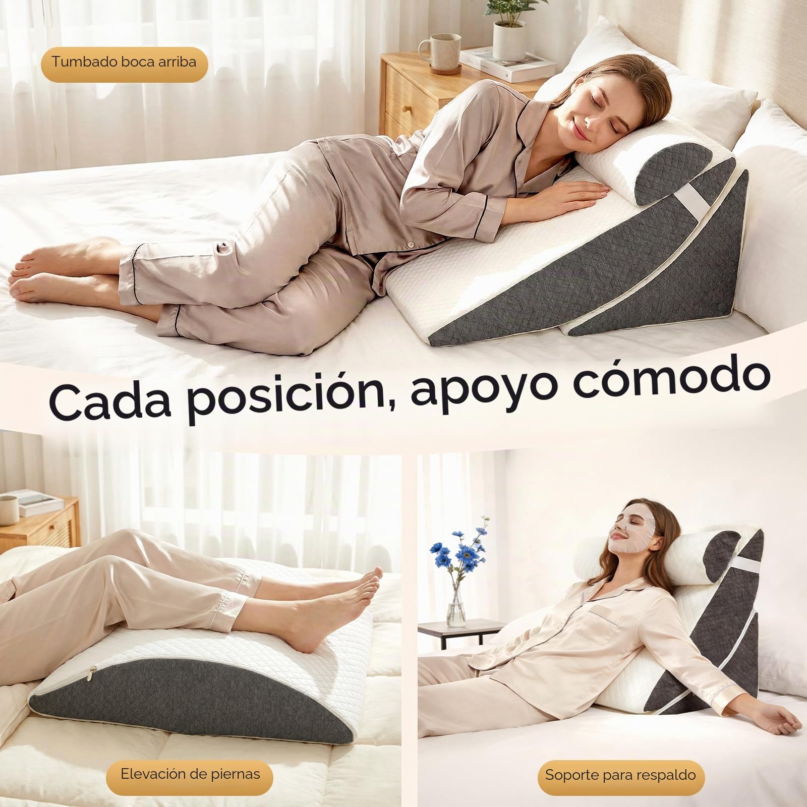 Juego de 4 Almohadas de Cuña Ortopédicas, Cojines de Cuña de Espuma Viscoelástica para Apnea del Sueño, Acidez Estomacal, Elevación de Piernas, Cojines de Lectura Ergonómicos Dormir Piernas y Rodillas