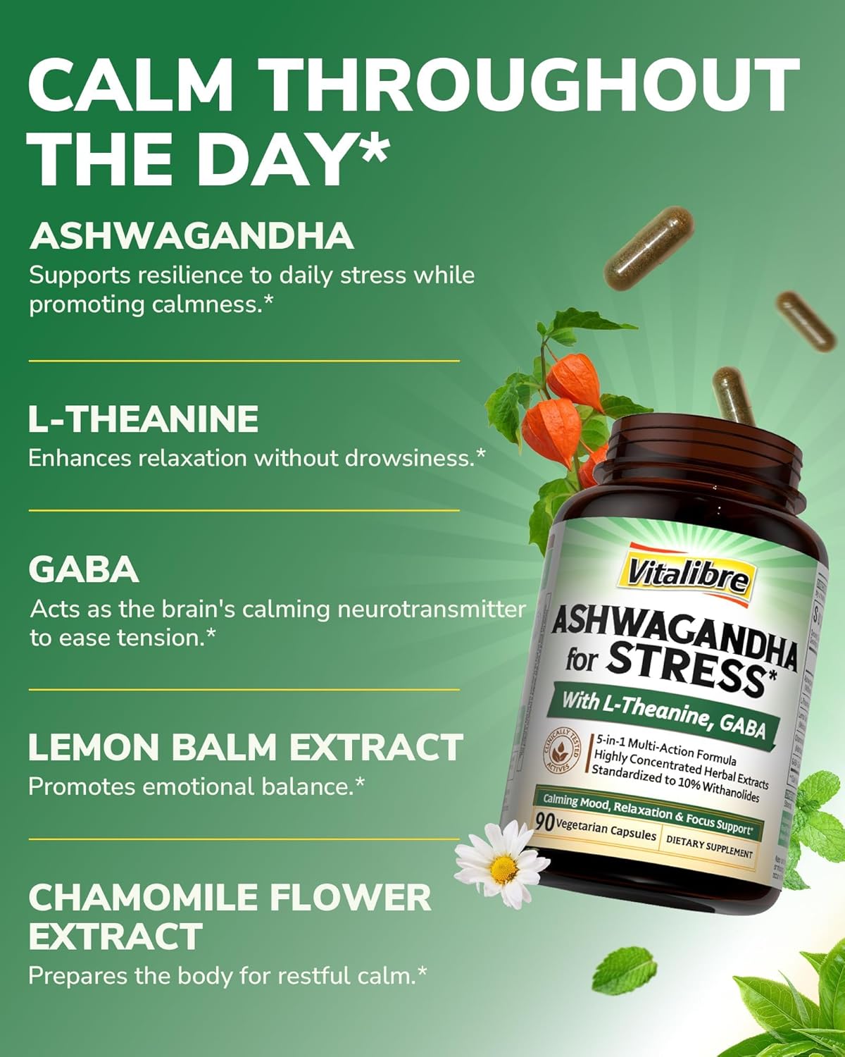 Ashwagandha Supplement for Women Men, 20:1 Ashwagandha Extract Plus L-Theanine, GABA, Lemon Balm & More, Extra Strength, High Absorption, Calming Mood & Focus, 90 Vegan Capsules, Non-GMO - Image 4