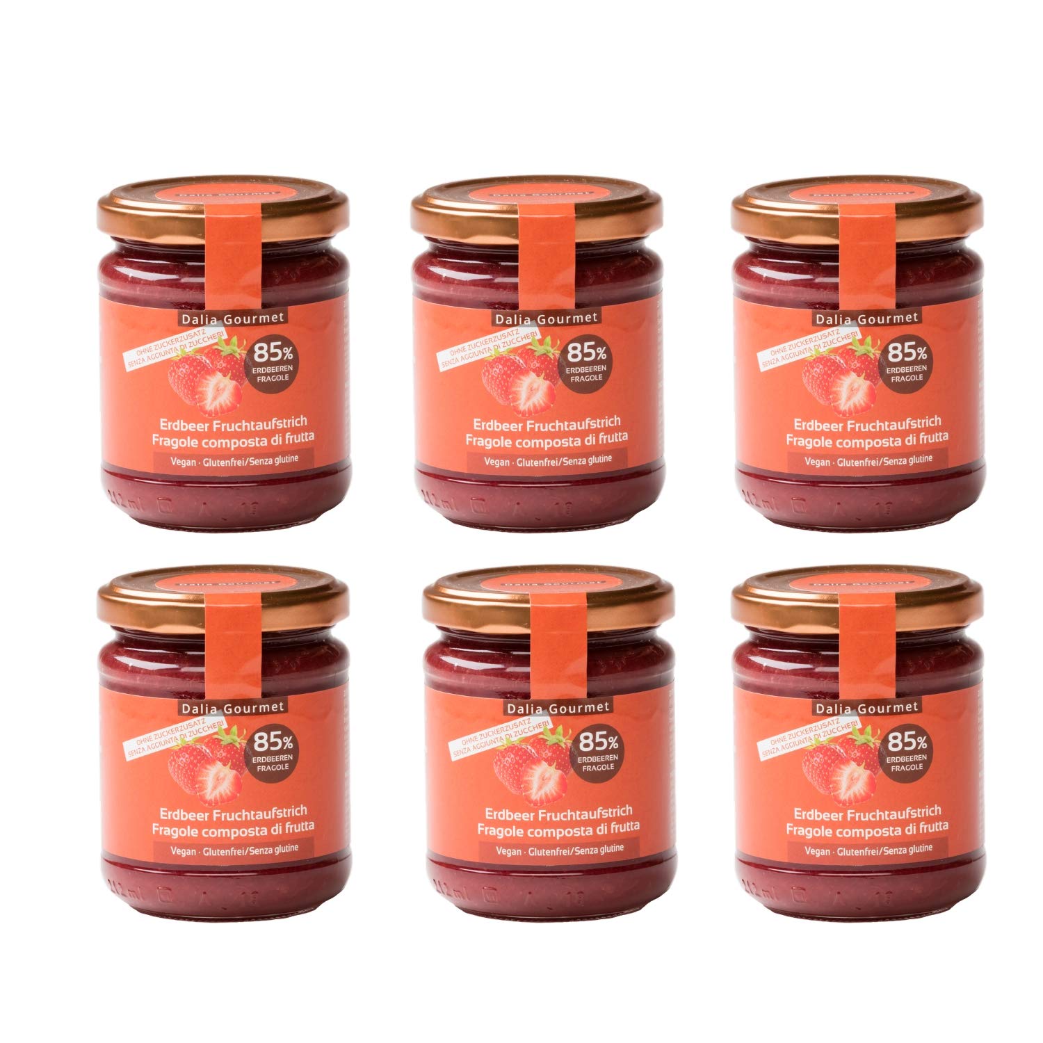 Composta di frutta 85 % | Senza aggiunta di zuccheri con ERITRITOLO - STEVIA | Prodotto artigianale italiano | 6 pezzi da 220 g (Fragola)