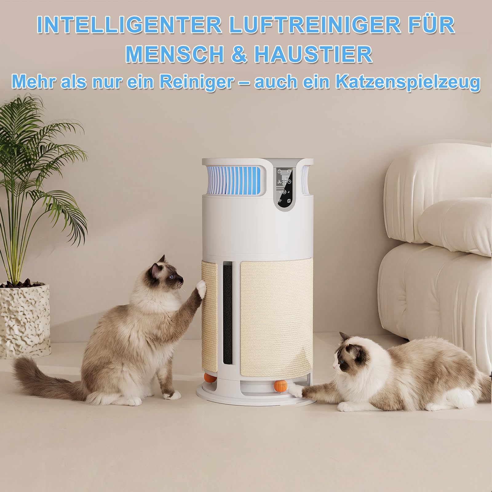 JUMMICO Haustier-spezifischer Luftreiniger - Air Purifier 100m² Abdeckung, abnehmbares Kratzbrett + 3 Bälle, H13 HEPA-Filter, CADR 350m³/h, APP-Steuerung, leise, entfernt Tierhaare & Gerüche