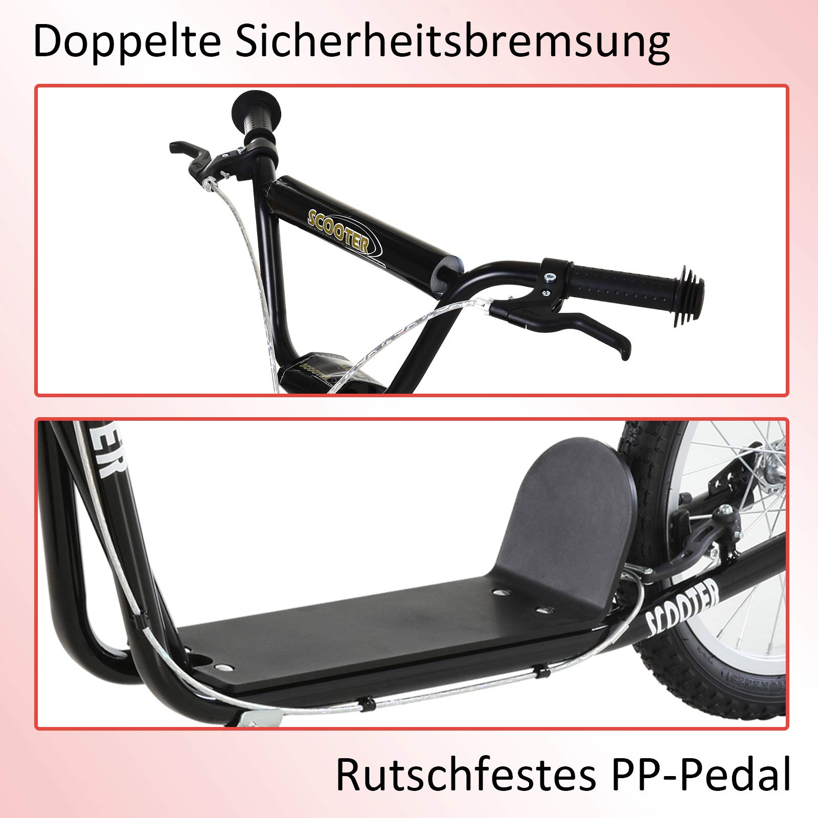 HOMCOM Scooter für Kinder Kinderroller Tretroller mit verstellbarem Lenker, großen Rädern und Handbremse Kickscooter 16 Zoll Cityroller für Jungen und Mädchen ab 5 Jahre Metall