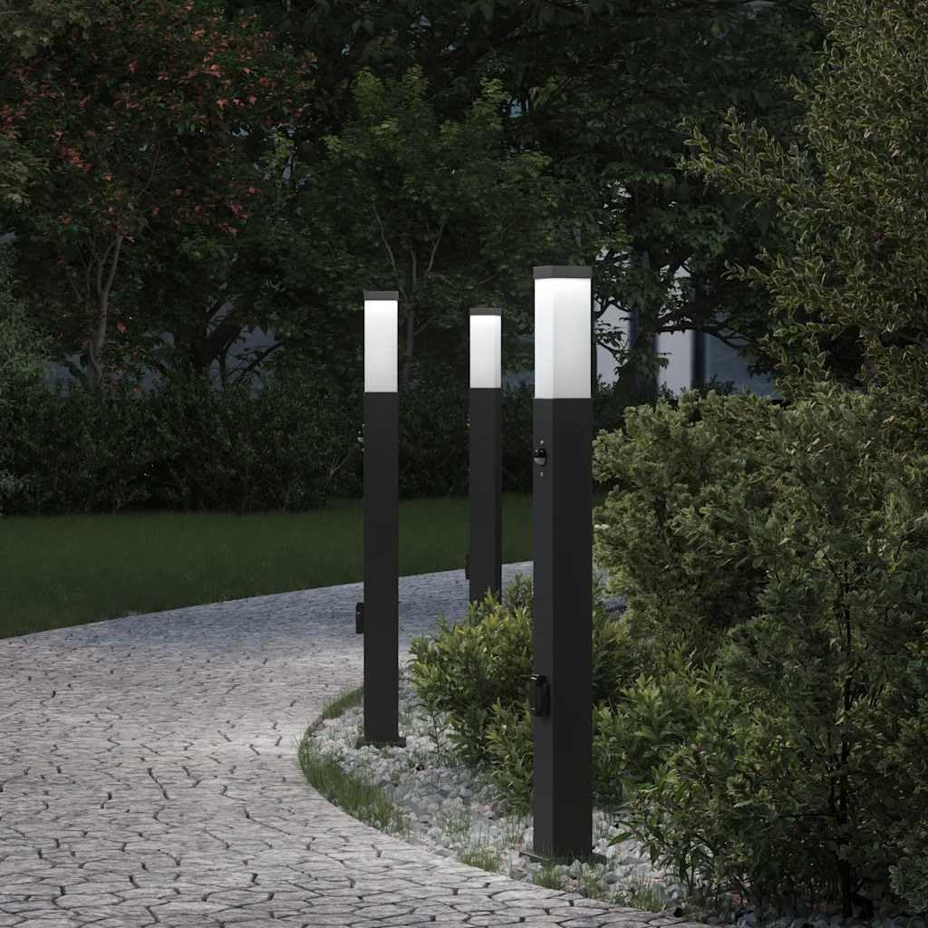 Lampadari con sensore e presa, 3 pezzi, 80 cm, in acciaio inox, nero, IP44, illuminazione per esterni, giardino, terrazza, vialetto, con sensore di movimento e diffusore