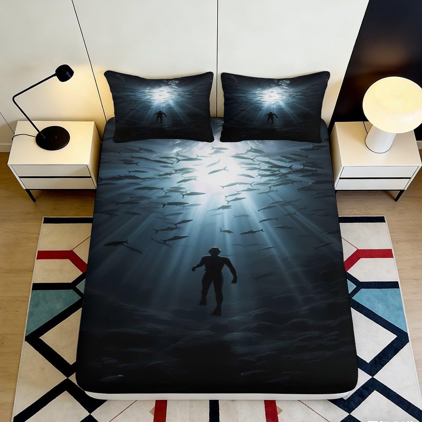 3D Printed Underwater Diver Fitted Sheet Microfiber Soft Breathable Ocean Scene Mattress Cover for Bedroom Dormitory Guest Room Protection Decor 200x200x25cm