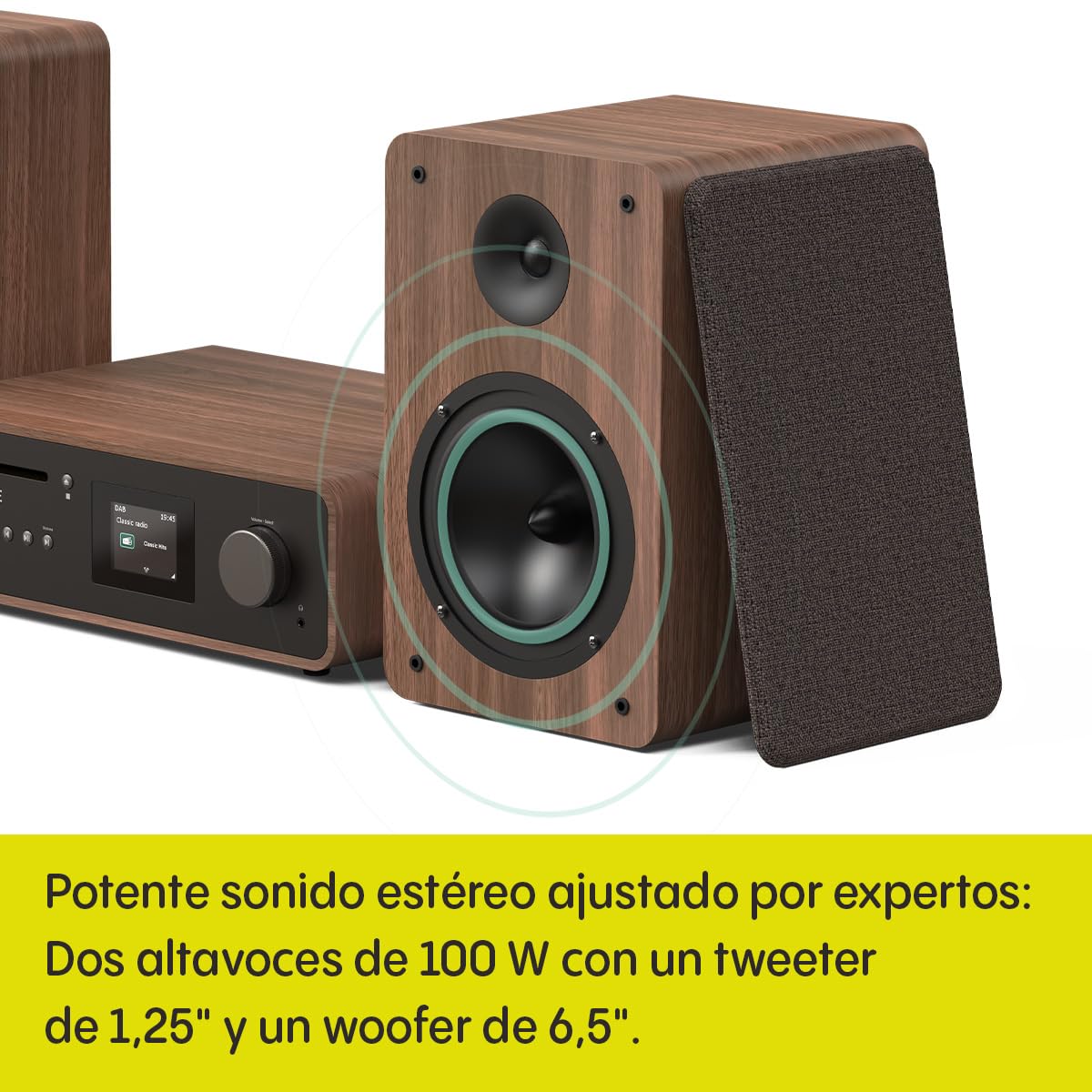 Pure Sistema de música HiFi estéreo clásico - Radio Internet, Dab+/FM, Bluetooth 5.2, Reproductor de CD, USB, Spotify Connect, AUX, Entrada óptica, Sonido Estéreo 100W - Coffee Black/Walnut