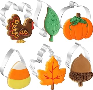 6PCS Thanksgiving Cookie Cutters Set, Fall Themed Holiday Cookie Cutter Shapes of Turkey, Pumpkin, Maple Leaf, Acorn, Leav...
