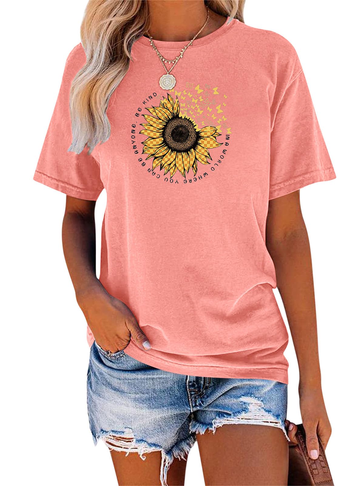 EADINVEWomen's Short Sleeve Crew Neck Sunflower Graphic Printed Summer Tee Vintage T Shirt Cotton Tops Novelty Cool Shirt