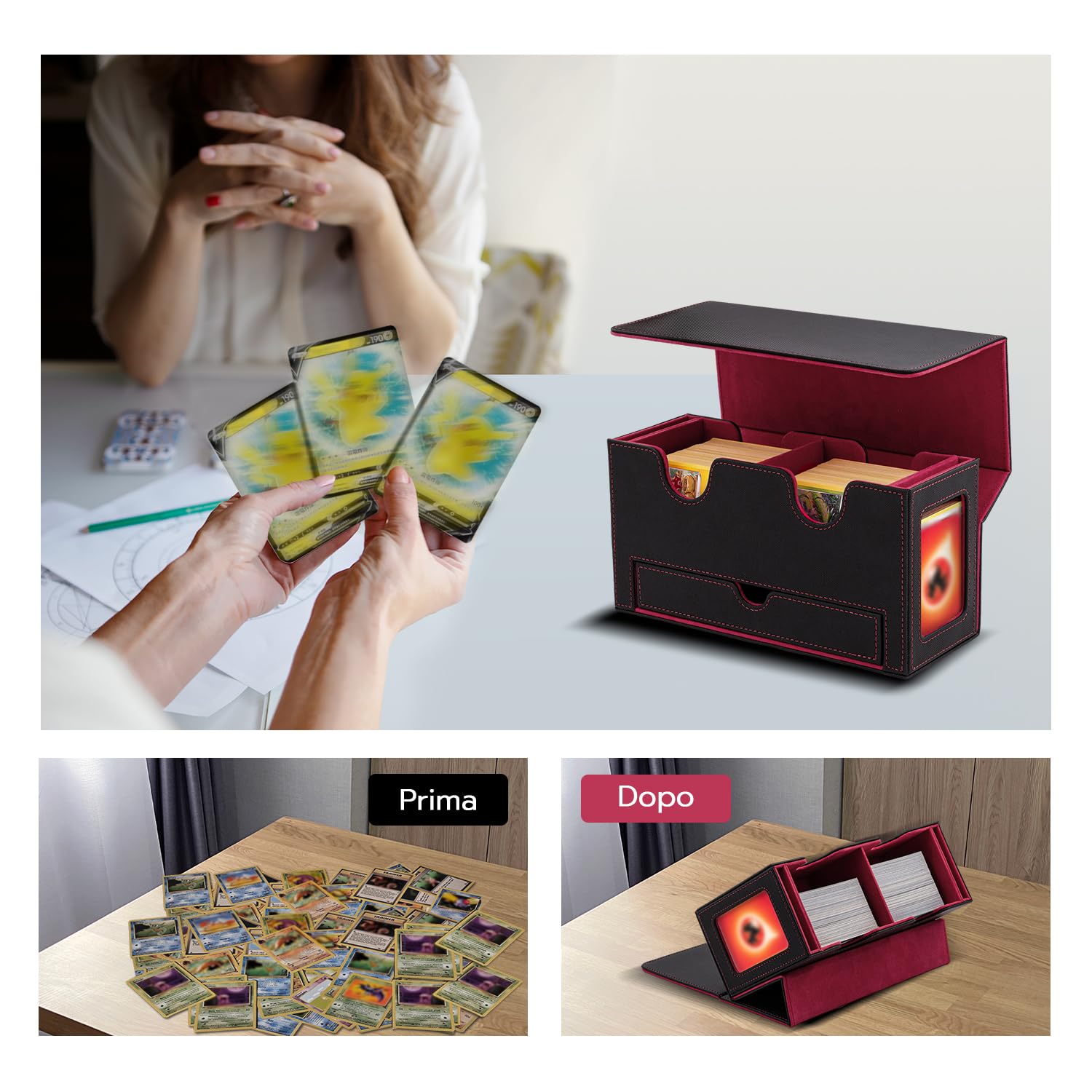 Tolesum Doppio Deck Box Porta Mazzo per MTG, Capacità di 300+ New Carte Senza Maniche con 1 Dice Tray,Magnetic Flip Deck Box per Scatola di Carte di Collezione Magic Commander TCG -Nero e Rosso