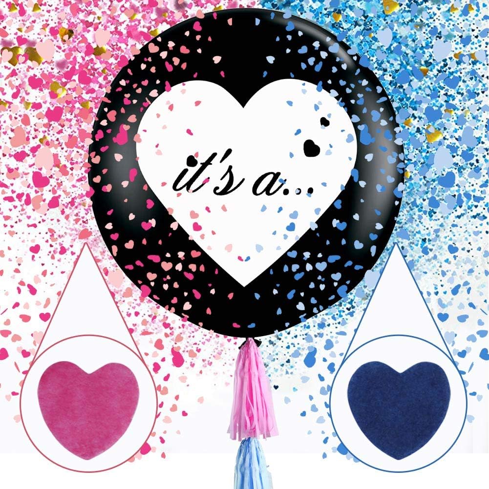 Wmbetter 36 Inch Gender Reveal Balloon, 2 Pcs Jumbo Black Balloons with Pink and Blue Heart Confetti for Gender Reveal Decorations, Gender Reveal Party Supplies