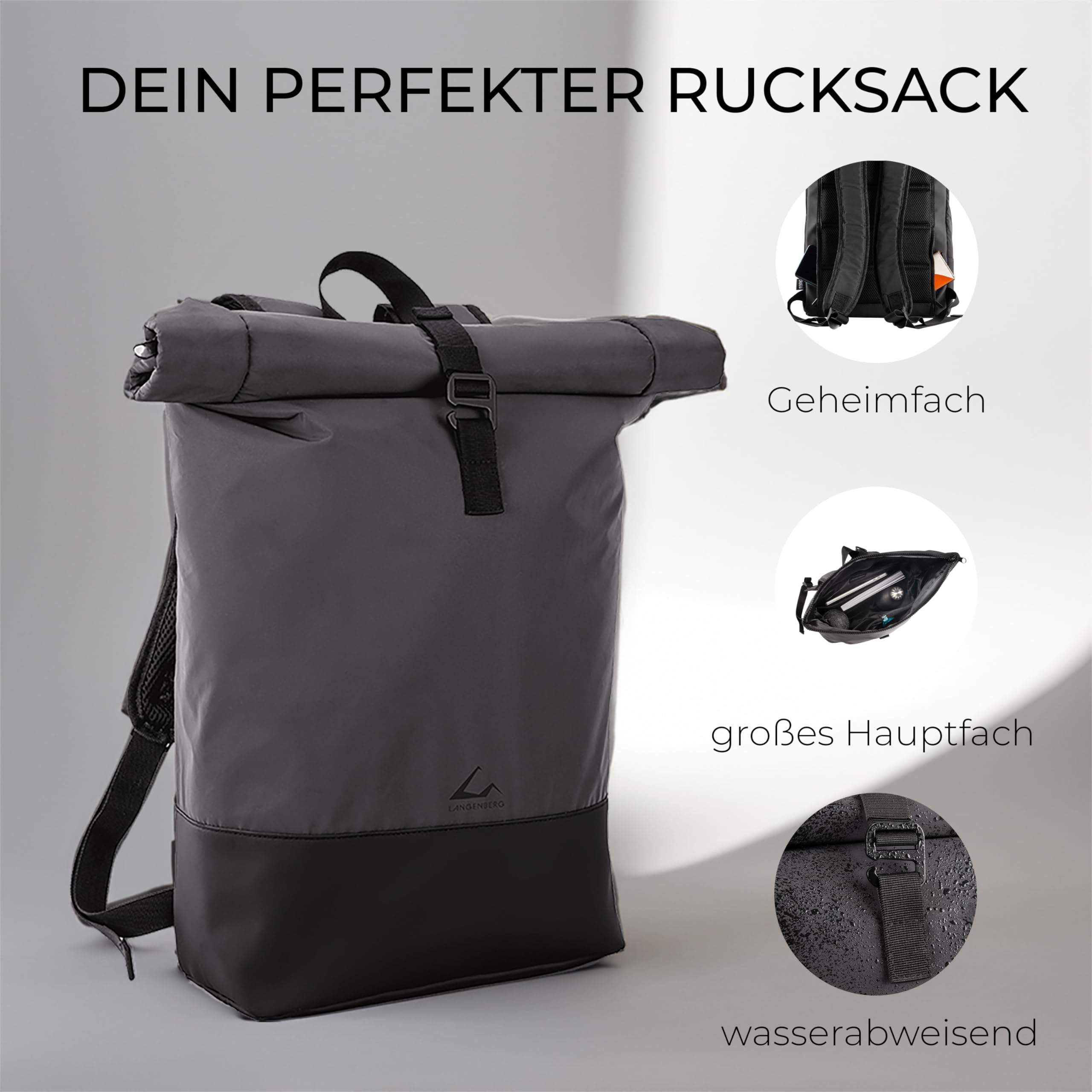 LANGENBERG Flash Rolltop Rucksack - Wasserabweisender und diebstahlsicherer Rucksack für Herren - 20 Liter Cityrucksack für Damen mit Laptopfach 16 Zoll - Reflektierender Fahrrad Rucksack