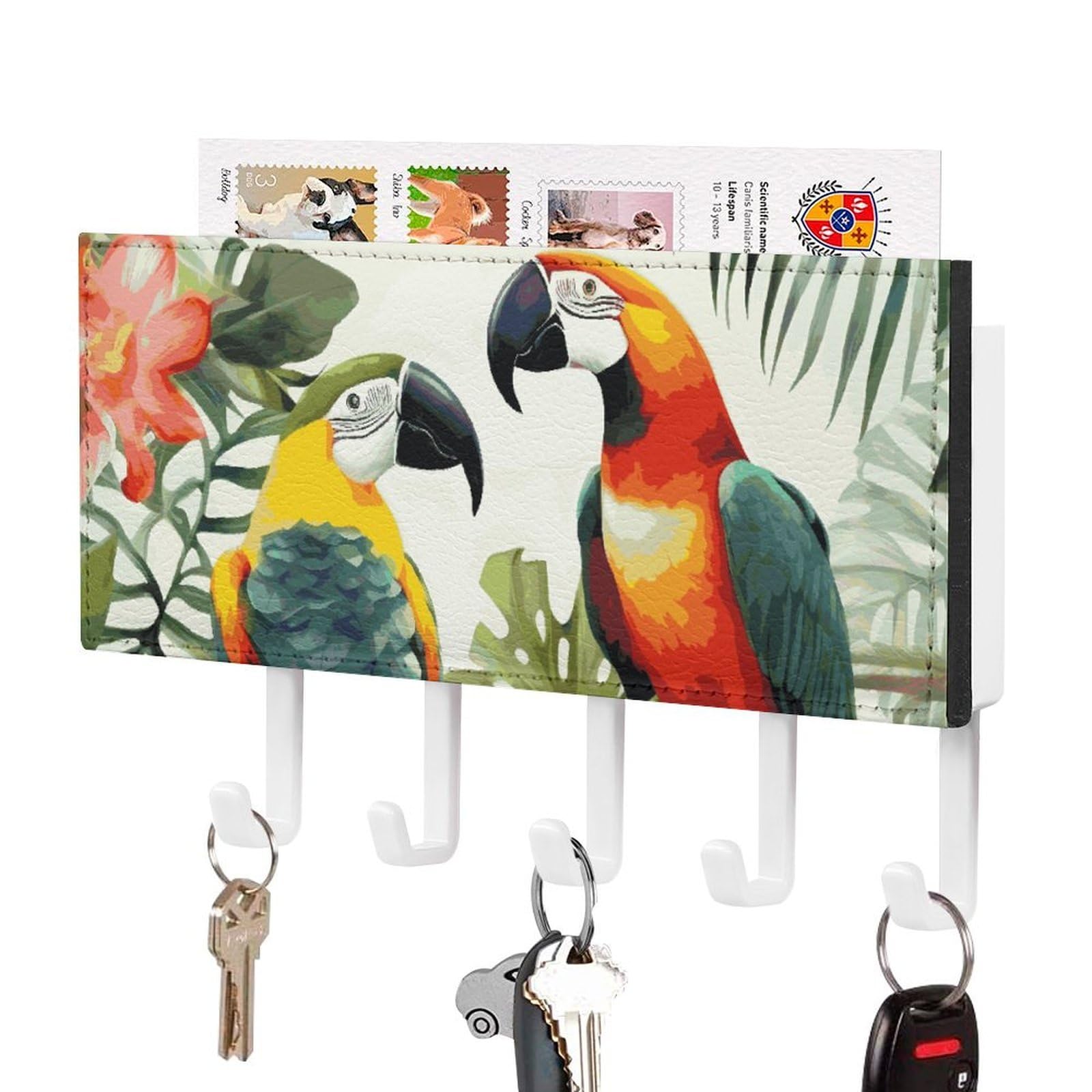 JTREHY Toucans Parrot Palm Tree Leaves Holder Wall-Mounted Key and Mail Holder,Key Rack with 5Keys Hooks, Easy to Install Mail Organizer for Entryway, Front Door, Hallway, Office