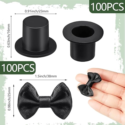 Miniatura 2 de 100 mini sombreros de plástico negro con 100 mini lazos de cinta de satén, lazo de flores pequeñas para coser, álbumes de recortes y proyectos de