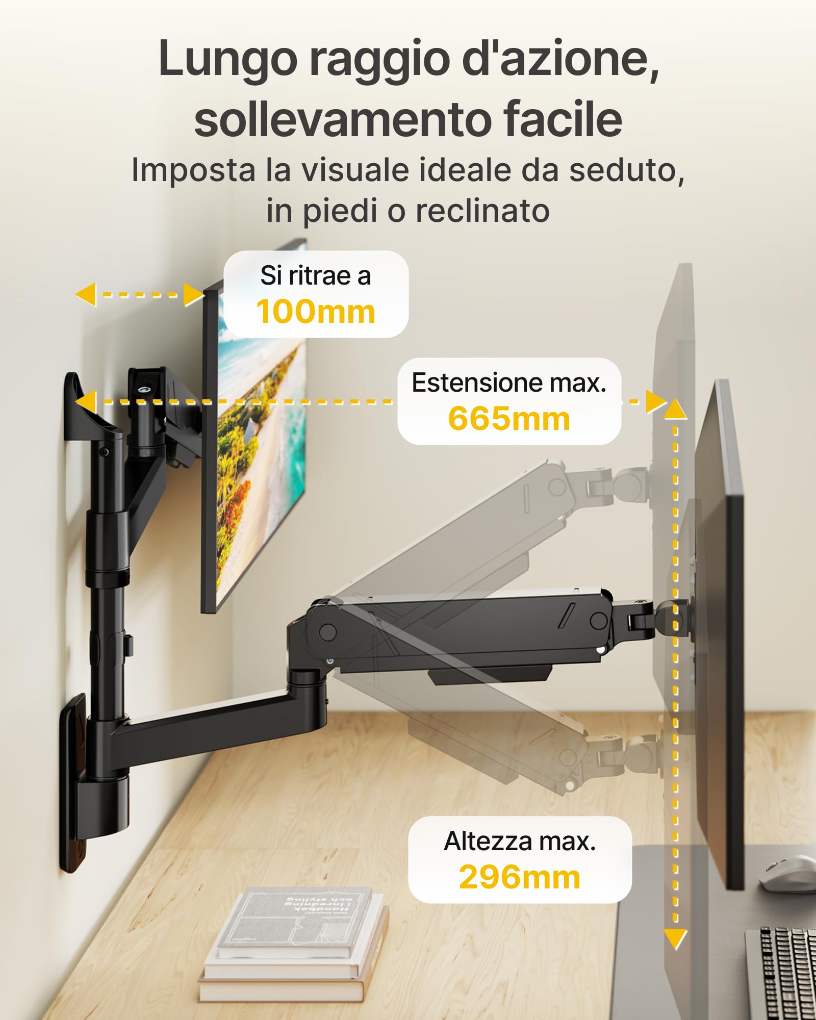 monTEK Supporto da parete per doppio monitor da 17 a 35", carico massimo 16 kg, compatibile con schermo piatto e curvo, braccio per monitor inclinabile, girevole e ruotabile, supporto da parete per TV