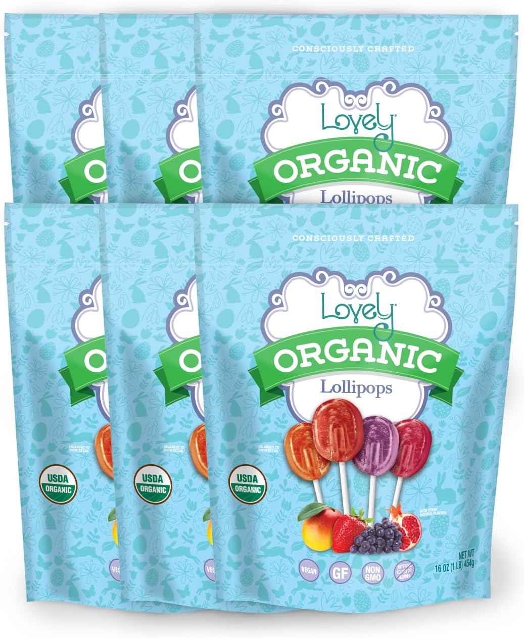 Lovely Candy Co.Organic Lollipops, 16oz Bag (6-Pack) | Vegan, Gluten-Free, Non-GMO, NO Artificial Colors or Flavors | Mango, Strawberry, Grape & Pomegranate Flavored CandyUSDA Organic